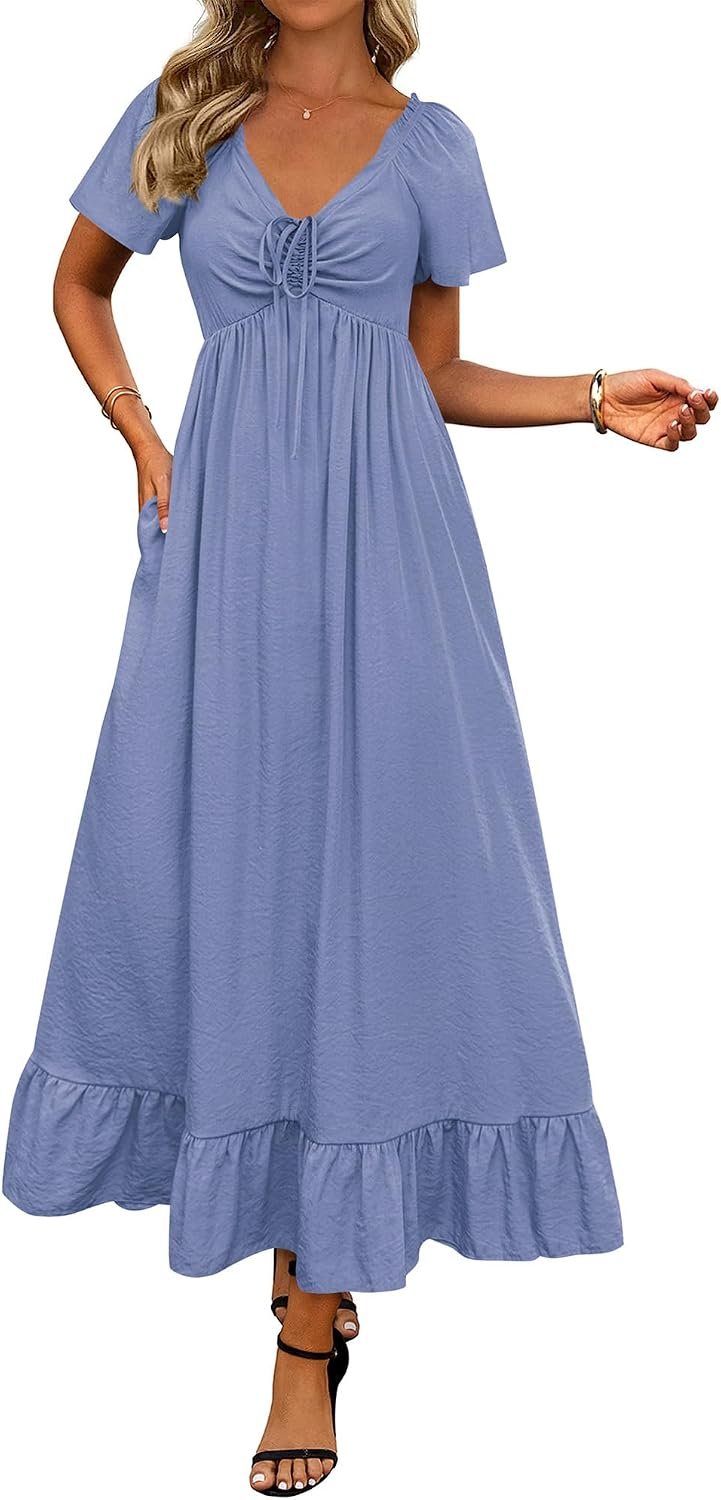 BTFBM Womens Summer Dresses 2026 Casual Short Sleeve V Neck Drawstring Wedding Guest Maxi Dresses Boho Beach Long Dress