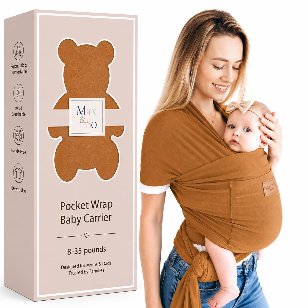 Baby Wrap Carrier for Newborn to Toddler, Hands-Free Stretchy Baby Carrier Wrap with Front Pocket, 95% Cotton 5% Spandex, Ergonomic Infant Sling for Babies 8-35 lbs, One Size Fits Most (Brown)