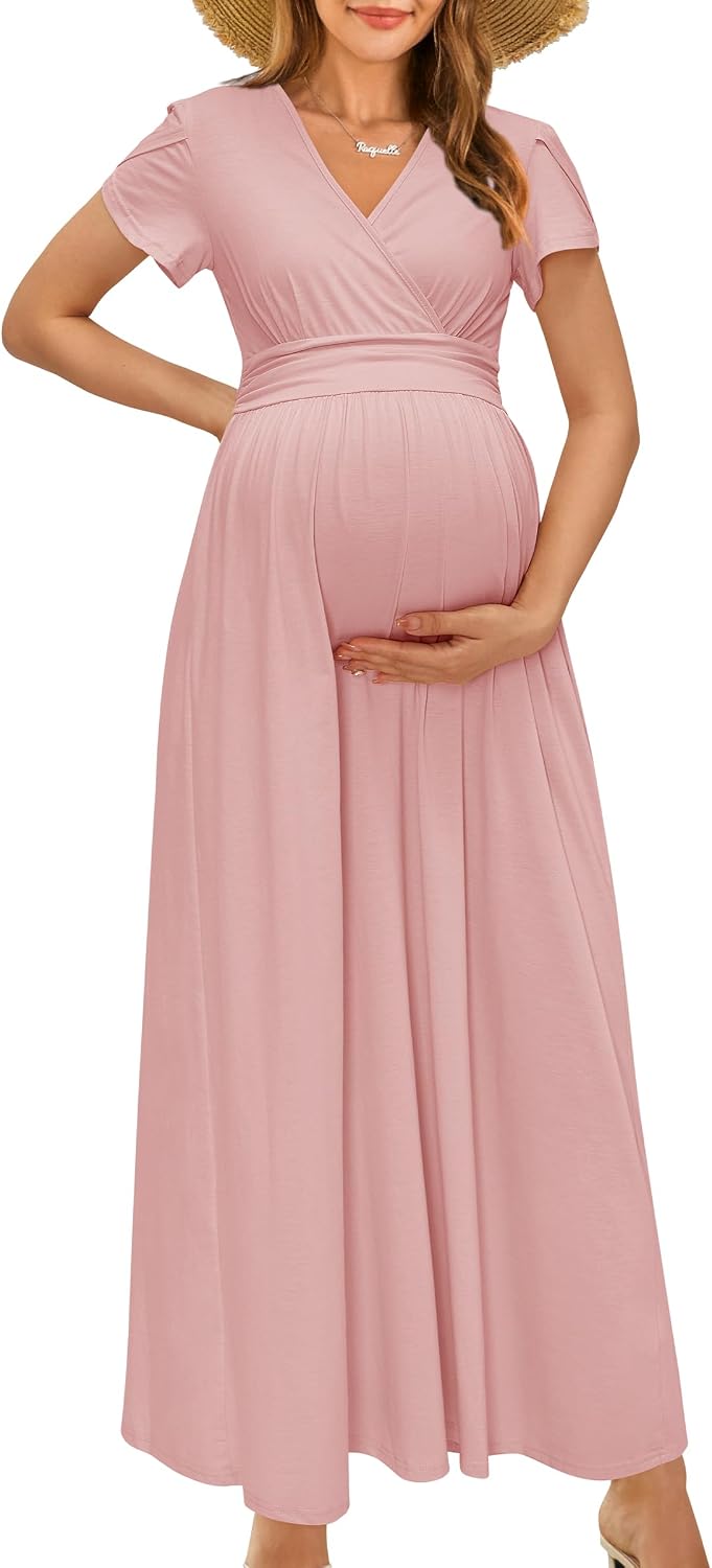 OUGES Maternity Maxi Dress Wrap Baby Shower Pregnancy Dresses for Photoshoot Maternity Outfits Summer Clothes 2026