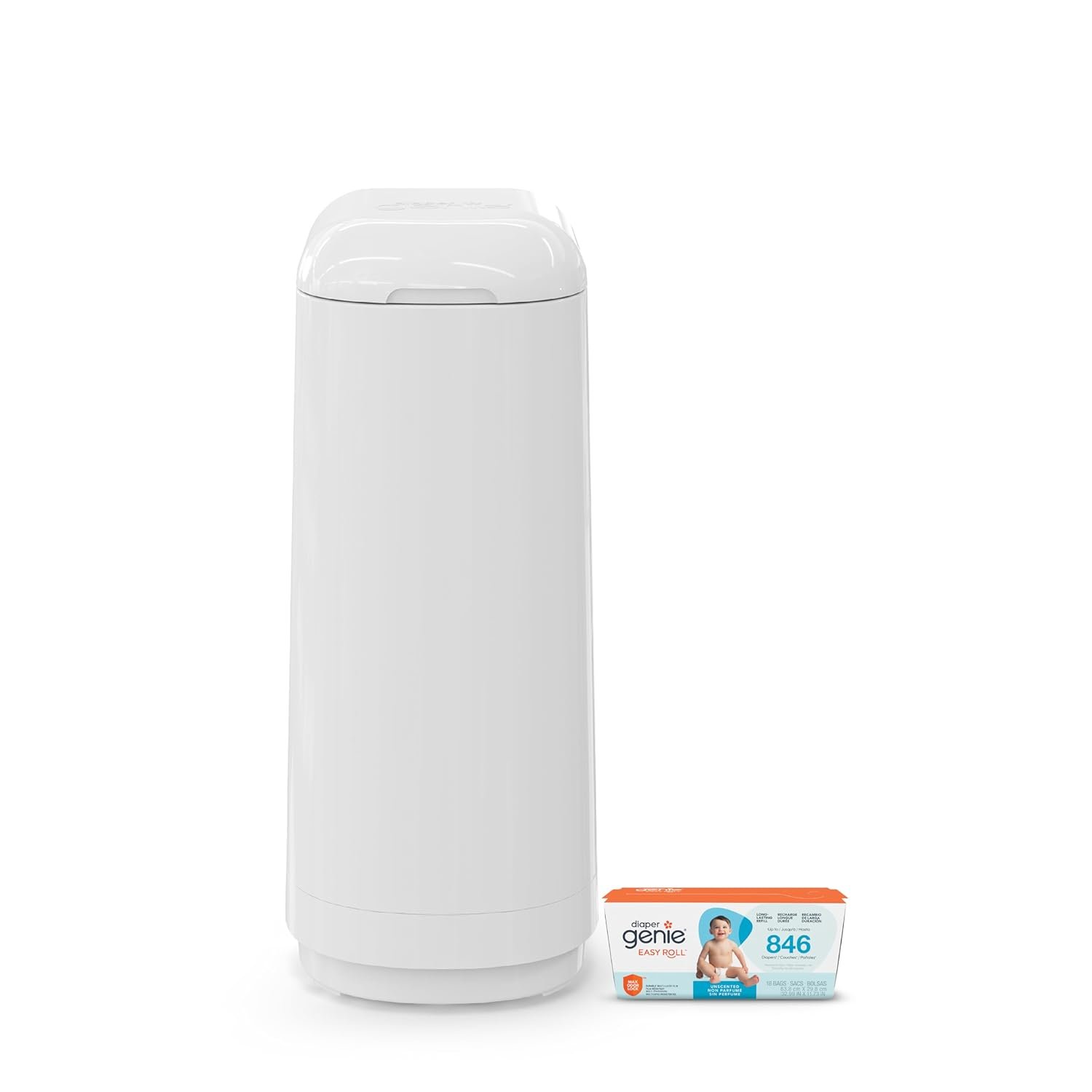 Diaper Genie Essence Pail, White with 18 Easy Roll Refill Bags