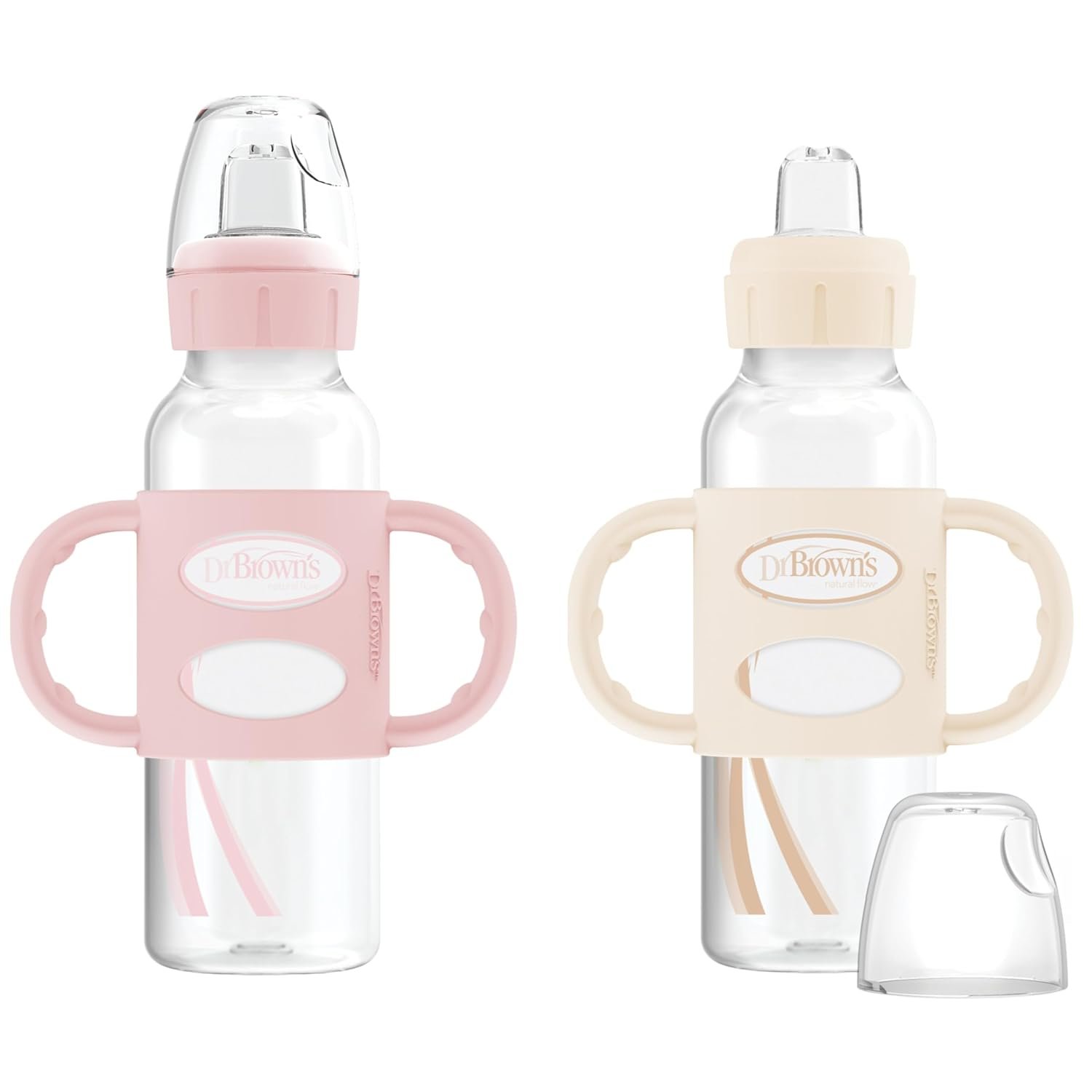 Dr. Brown’s Milestones Narrow Sippy Spout Bottle with 100% Silicone, Easy-Grip Handles and Soft Sippy Spout, 8oz/250mL, Light Pink and Ecru, 2-Pack, 6m+