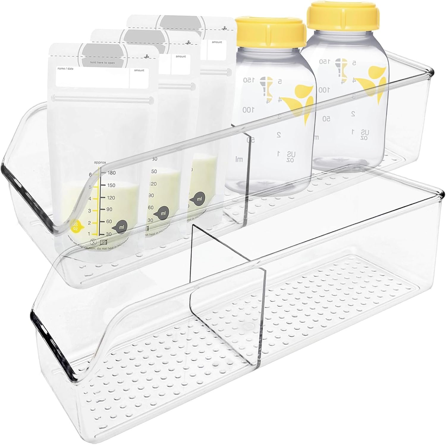 Zebrabox 2 Pack Breast Milk Storage Bottles Solution Set Compatible with Medela for Fridge,Plastic Organizer Bin with Divider for Breast Milk Bags, Food Pouches, Or Baby Food Jars/Containers/Bottles