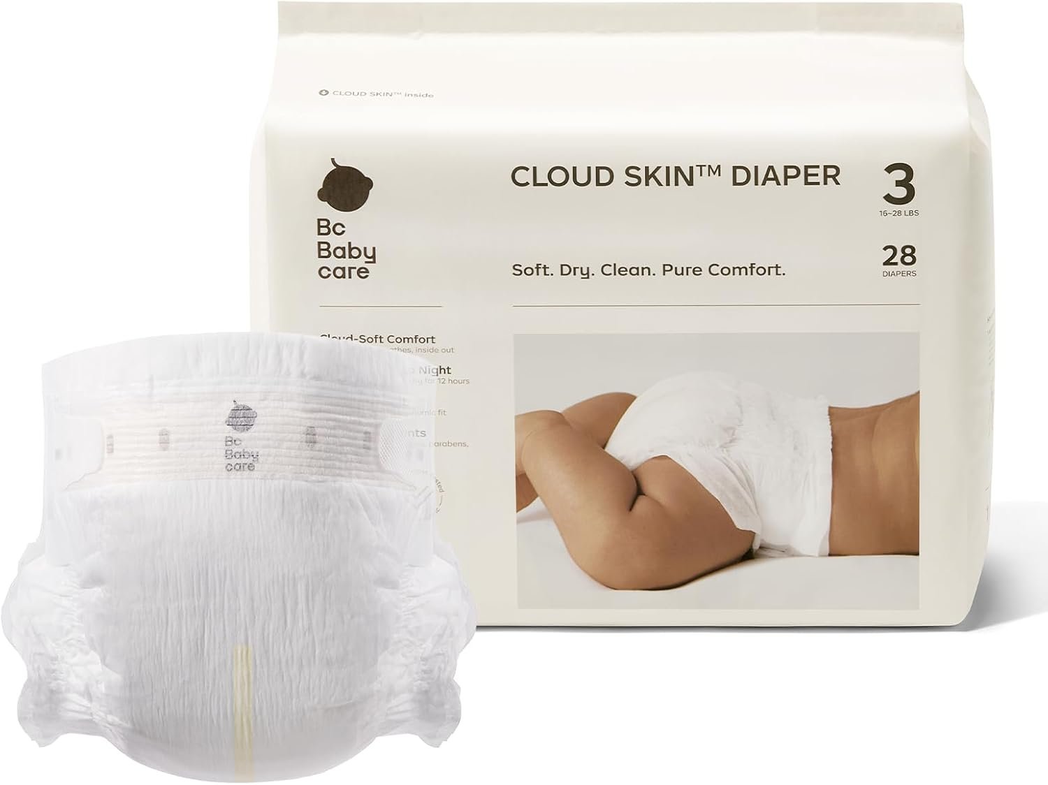 Bc Babycare Cloud Skin Baby Diapers, Size 3 (16-28 lbs), 28 Count – Ultra Soft & Dry, Leak-Proof Overnight Comfort, Hypoallergenic, Totally Chlorine-Free