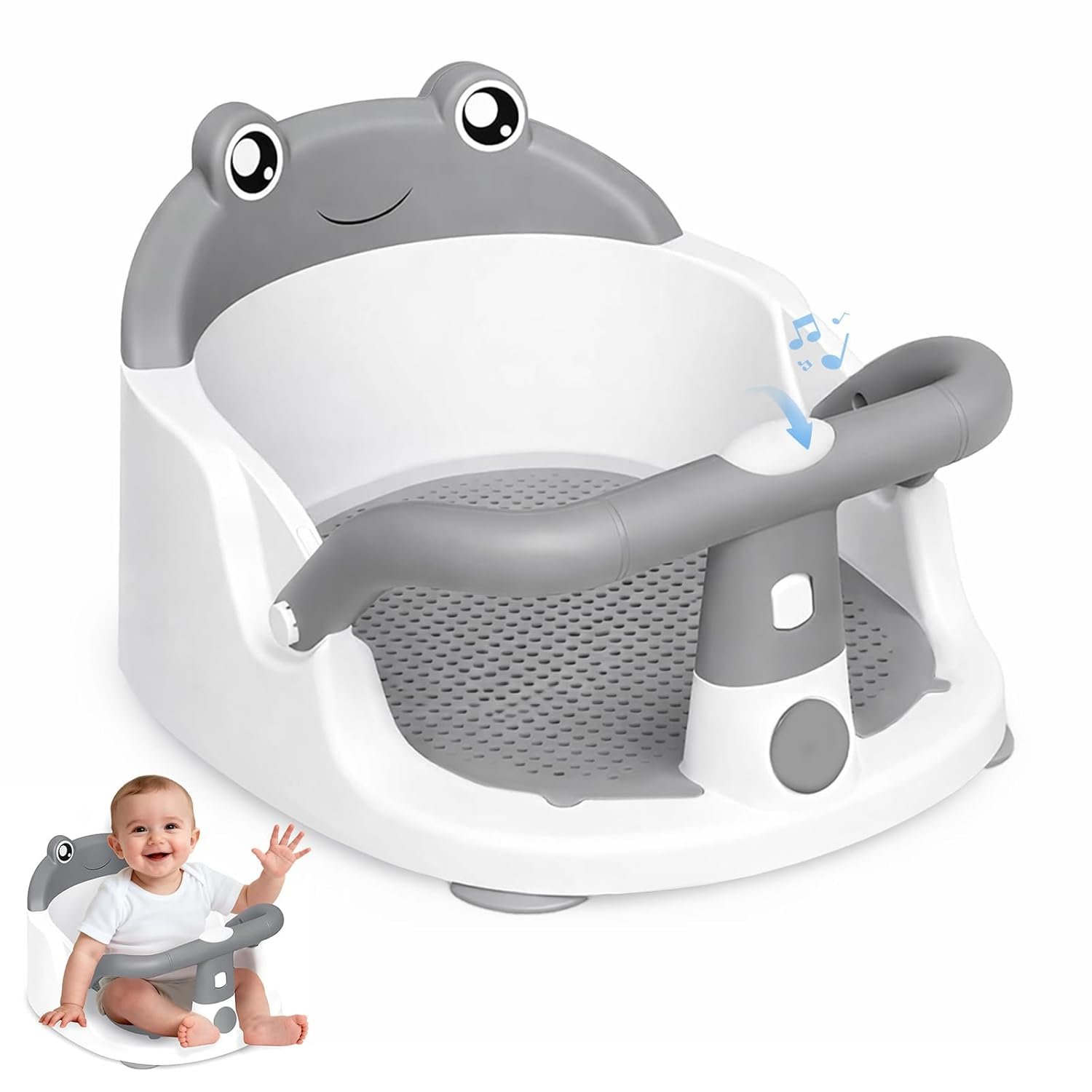 Baby Bath Seat for Babies 6 Months & Up – One-Handed Snap-On Armrest Baby Bath Chair | 4 Suction Cup Non-Slip Baby Bathtub Seat with Storage Bag | Ergonomic Infant Bath Seats for Baby Sitting Up Grey