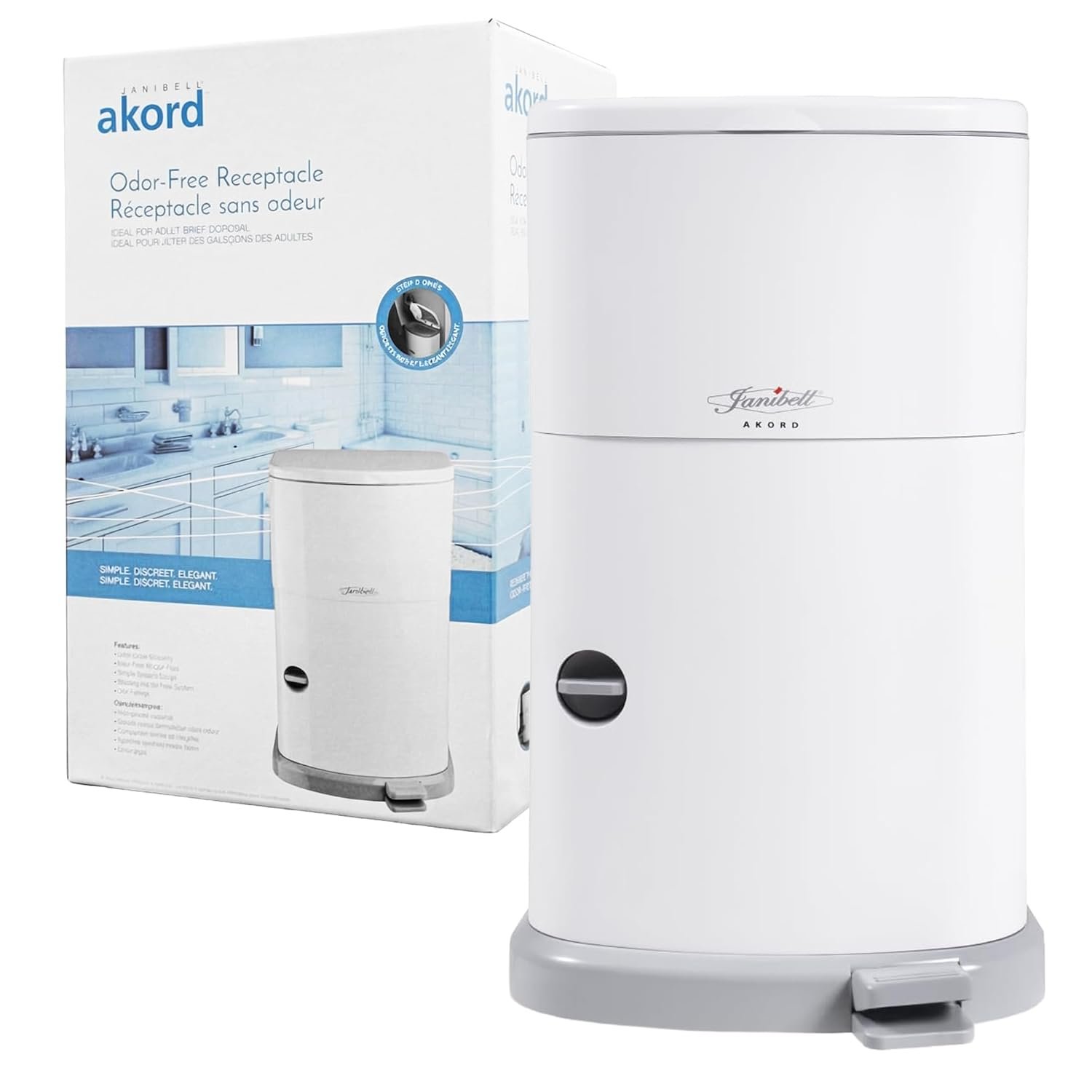 Janibell Akord 330 Adult Diaper Pail System – Holds Up to 35 Adult Diapers per Load, 560 Diapers per Refill Roll, 11-Gallon Hands-Free Step-On Trash Can, Odor-Locking Double Seal, White Resin