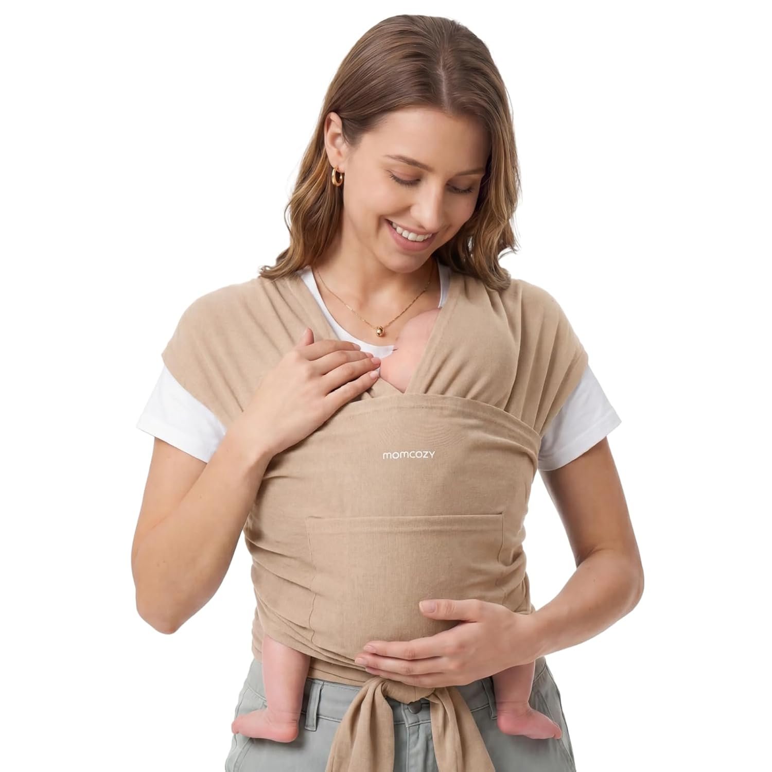 Momcozy Baby Wrap Carrier – Easy to Wear Infant Carrier Slings, Lightweight Hands Free Baby Sling, Adjustable Baby Wraps Carrier for Newborn to Toddler 8-35 lbs, Baby Travel Gear, Light Curry