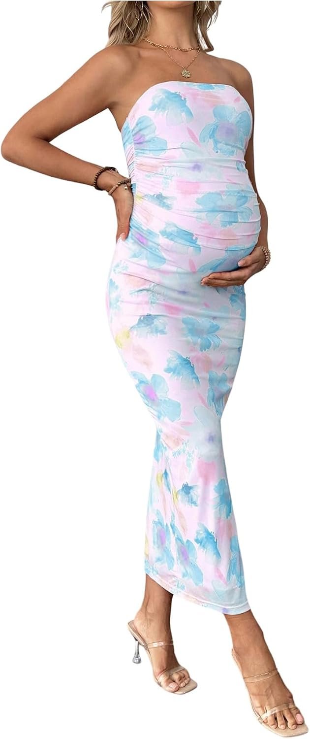 Floerns Women’s Pregnancy Dress Floral Strapless Ruched Bodycon Slit Long Maternity Dresses