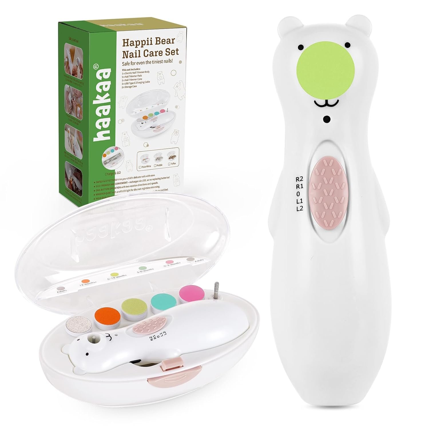 haakaa Rechargeable Baby Nail File Baby Nail Trimmer Electric with LED Light, Rechargeable Baby Nail Clippers for Newborn/Adults Toes and Fingernails, Additional Replacement Heads & Charging Cable