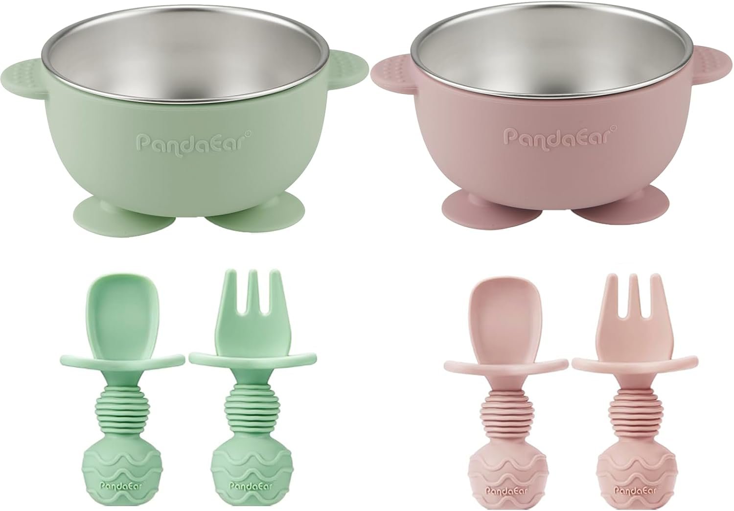 PandaEar 2 Pack Stainless Steel Baby Suction Bowls & 4 Pcs Silicone Baby Utensils Set, Non-Slip Toddler Food Bowls with Silicone Sleeve & Anti-Choke Spoon Fork Set for Babies Led Weaning