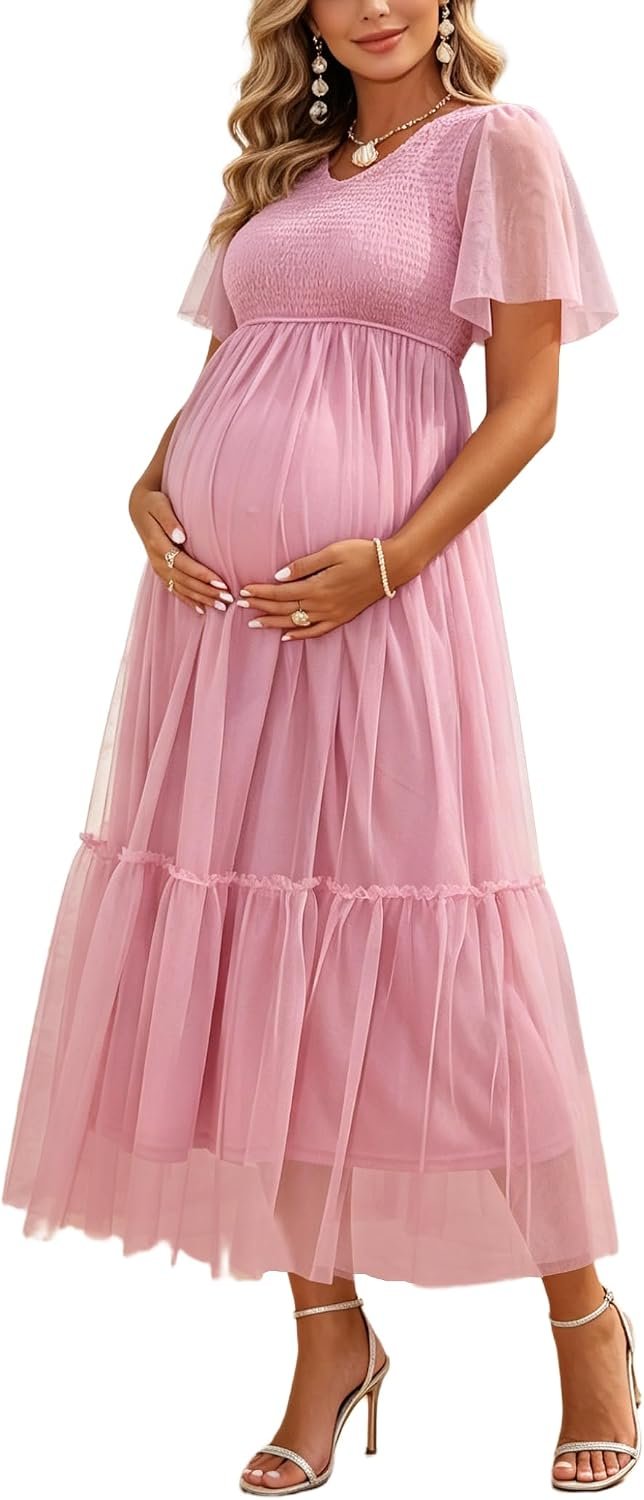 Maternity Tulle Midi Dress Short Sleeve Smocked V-Neck Tiered Flowy Dress for Baby Shower