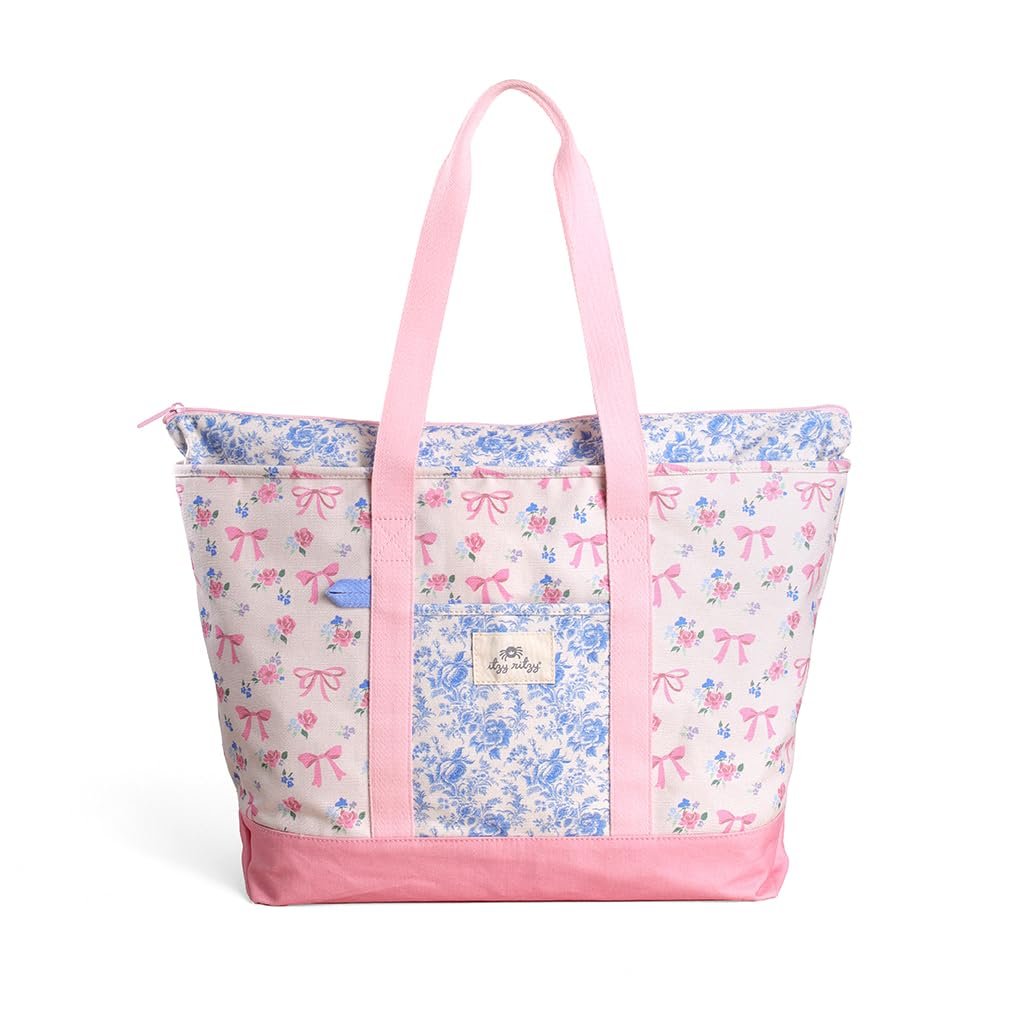 Itzy Ritzy Canvas Tote Bag – Zip-Top Closure, Roomy Main Compartment & 4 Pockets – Lightweight Cotton Canvas Carryall for Moms – Perfect for Travel, Beach, Errands & Everyday (Ribbons & Bows)