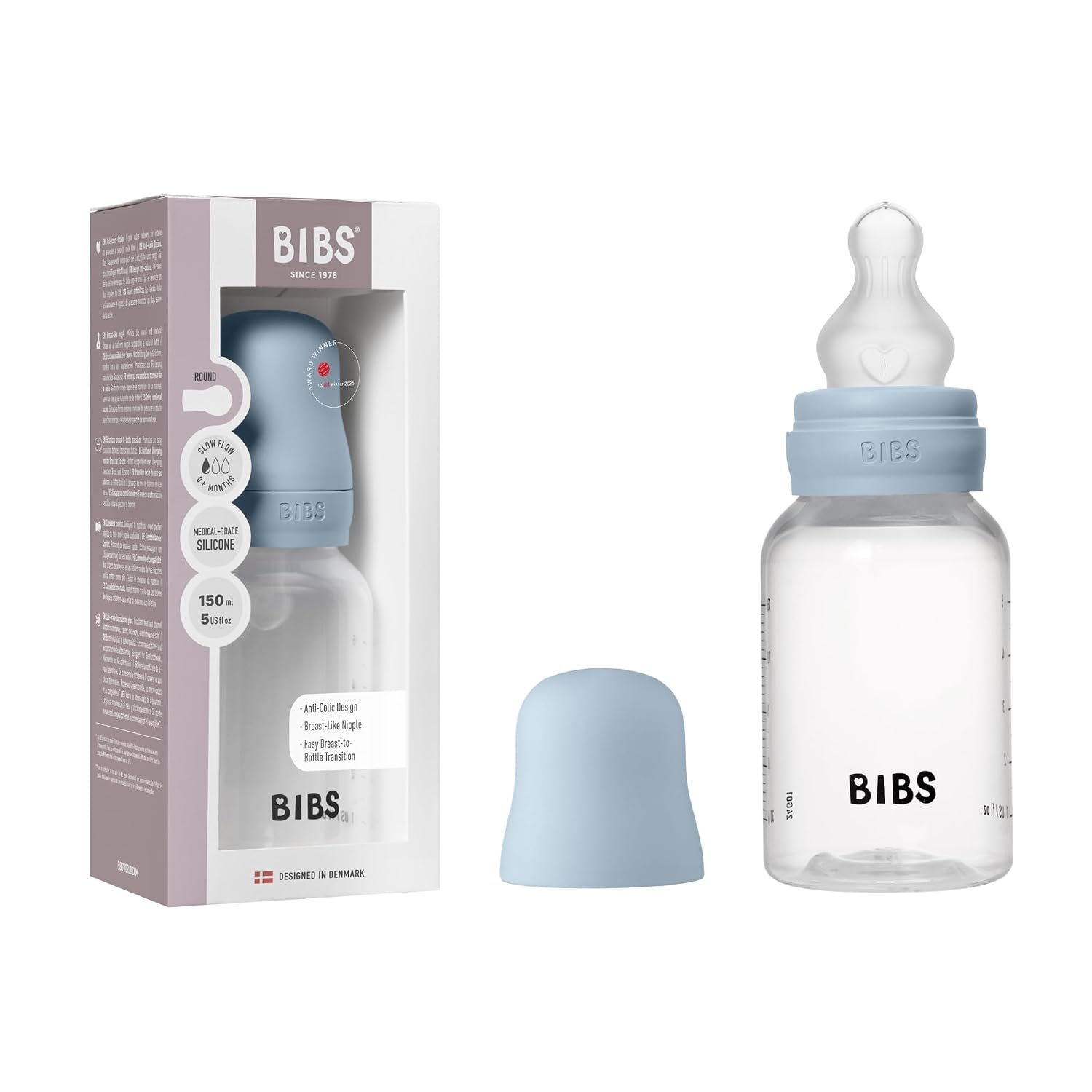 BIBS Baby Bottle 5 oz / 150 ml Silicone Nipple – Anti-Colic, BPA-Free, Round Nipple, Slow Flow, Lightweight & Easy to Clean, Suitable for Newborns 0+ Years – Baby Blue