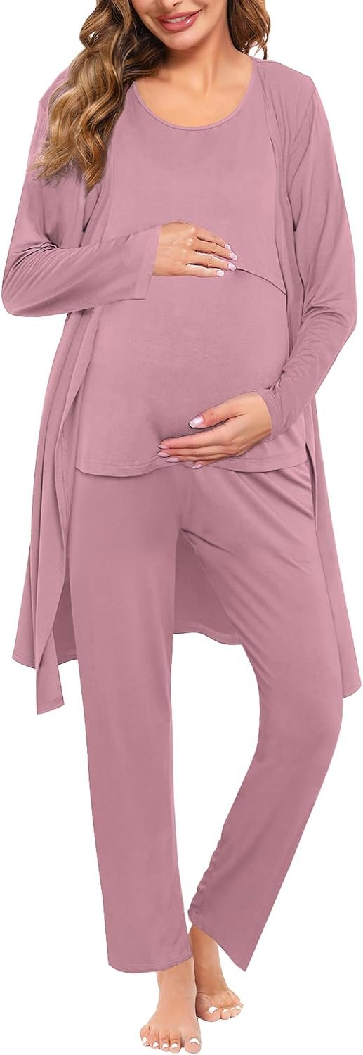 SWOMOG Maternity Nursing Robe Set 3 PCS Women Postpartum Pajamas Breastfeeding Labor Delivery Hospital Pregnancy Pjs