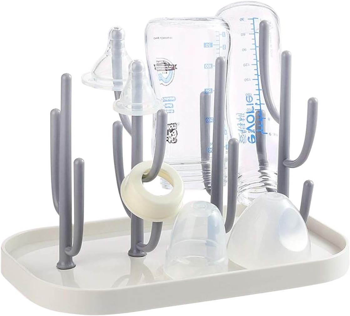 Baby Bottle Drying Rack with Base, Creative Tree Branch Baby Bottle Dryer Holder for Bottles, Teats, Cups, Pump Parts and Accessories (Gray)