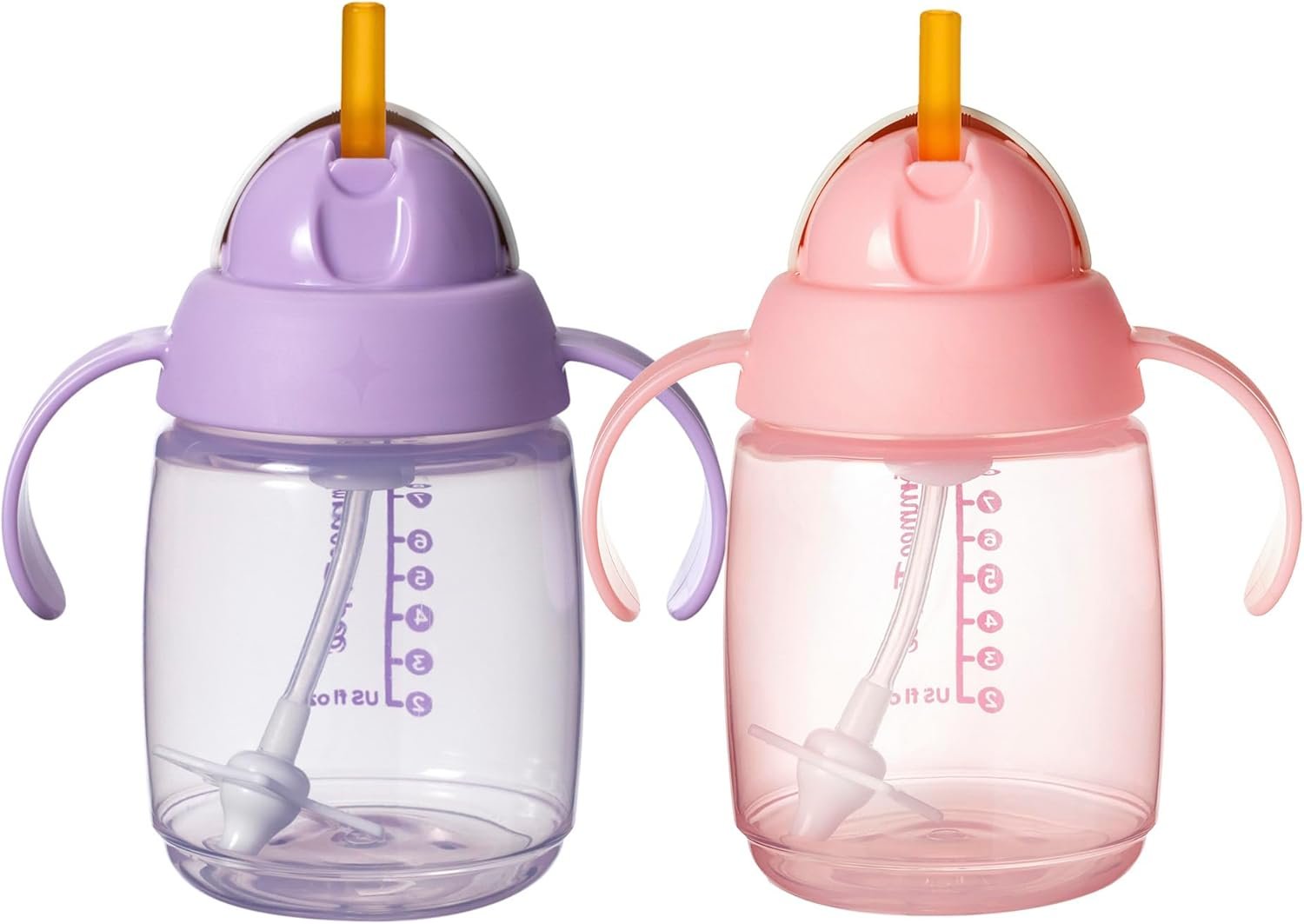 Tommee Tippee Starter Weighted Straw Baby & Toddler 8oz Sippy Cup for 6 Months+, with Silicone Weighted Straw and Easy-Hold Handles, BPA Free, Pink & Purple, Pack of 2