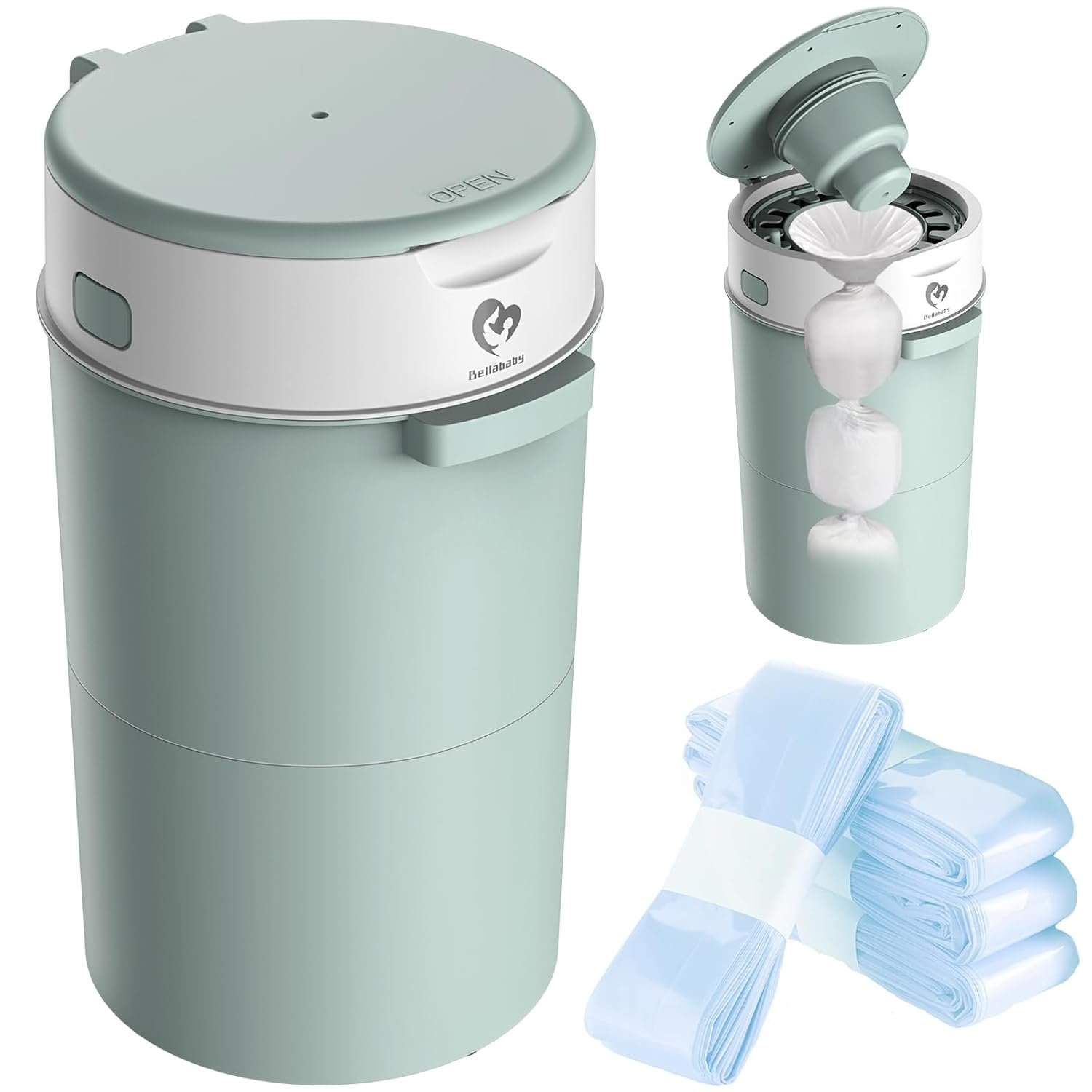 Bellababy Diaper Pail, Upgrade Baby Diaper Bin with Double Odor Locking, Includes 4 Refills (270 inches/pcs), Compact Design for Nursery, Green
