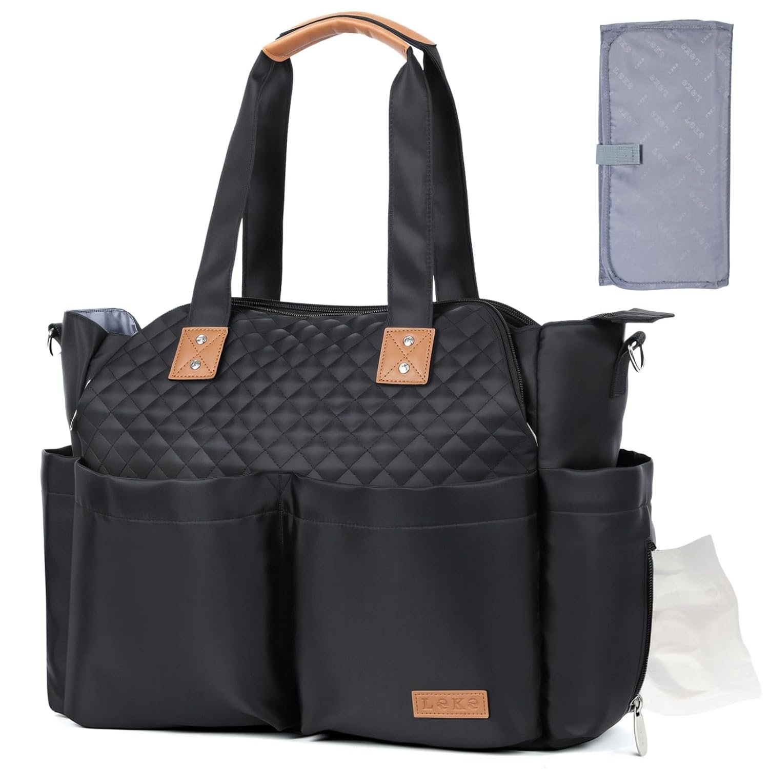Lekebaby Diaper Bag Tote – 17 Pockets Large Travel Diaper Waterproof Tote with Portable Changing Pad, Mom Crossbody Hospital Bag for Labor Delivery, Baby Essentials for Newborn Gifts, Black