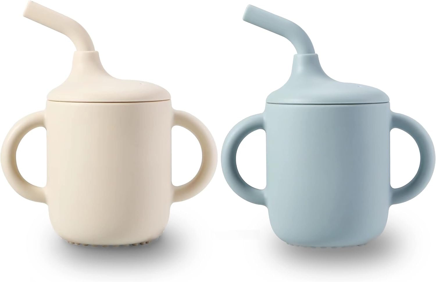 PandaEar 2 Pack 100% Tiny Silicone Drinking Training Cup with Handles & Straw for Baby and Toddler (White Blue)