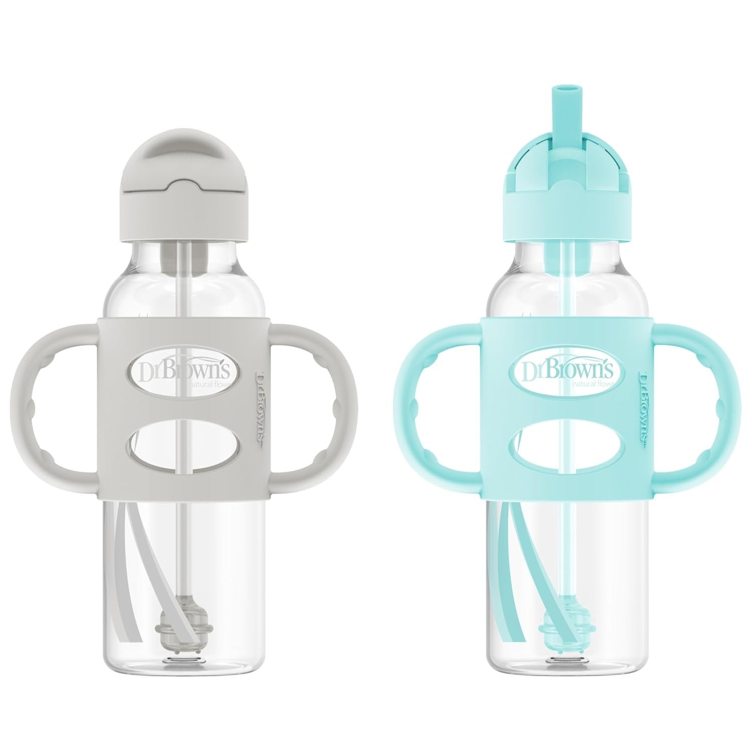 Dr. Brown’s Milestones Narrow Sippy Straw Bottle, Spill-Proof with 100% Silicone Handles and Weighted Straw, 8 oz/250 mL, Gray & Green, 6m+