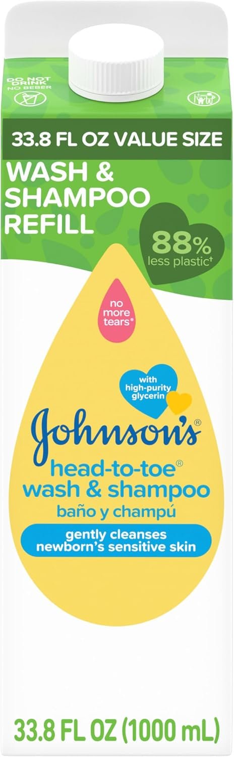 Johnson’s Baby Head-To-Toe Gentle Baby Body Wash & Shampoo, Tear-Free & Hypoallergenic Baby Body Wash & Shampoo for Newborn’s Sensitive Skin & Hair, Value Size Wash Refill, 33.8 fl. oz