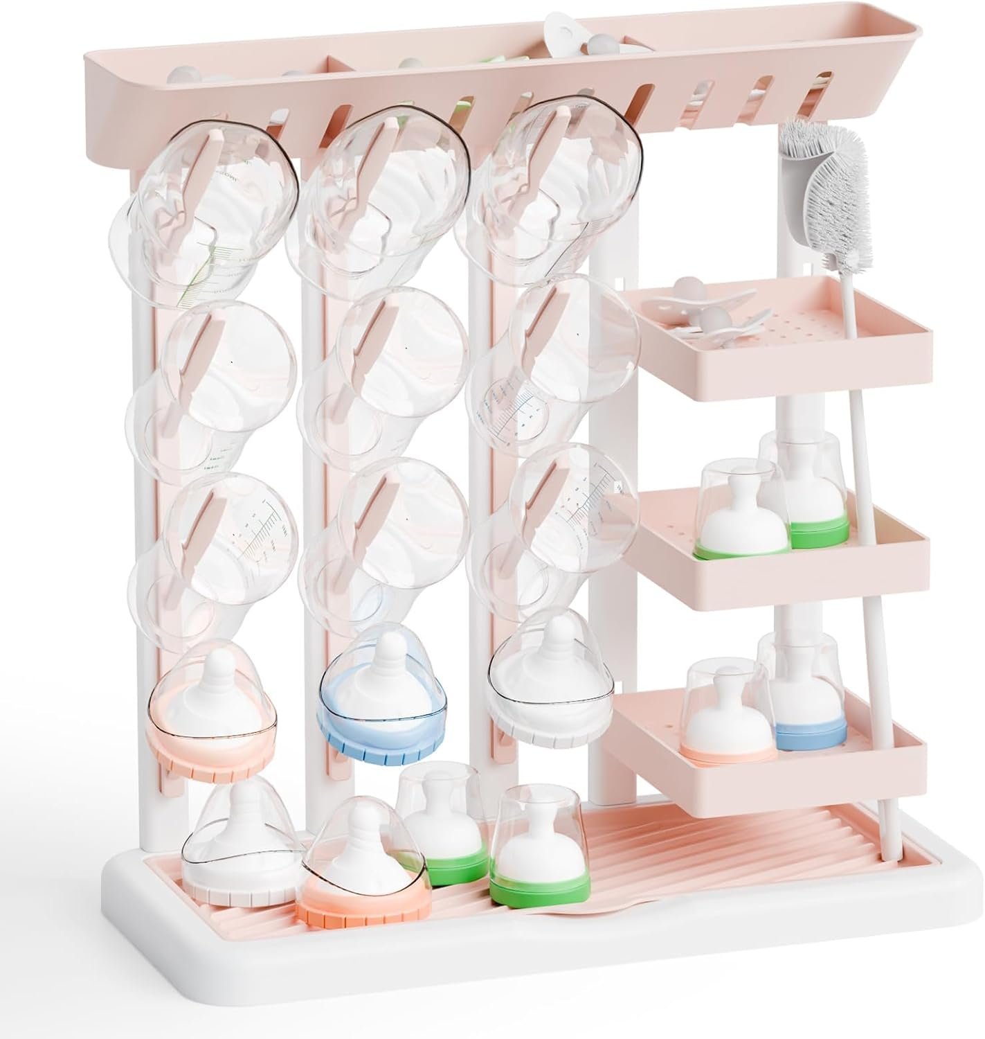 Yieach Larger Baby Bottles Drying Rack for 20 Bottles,Space Saving Feeding Drying Rack for Baby Bottles for Countertop,Vertical Baby Bottle Holder & Storage Station for Pacifiers,Breast Pump,Pink