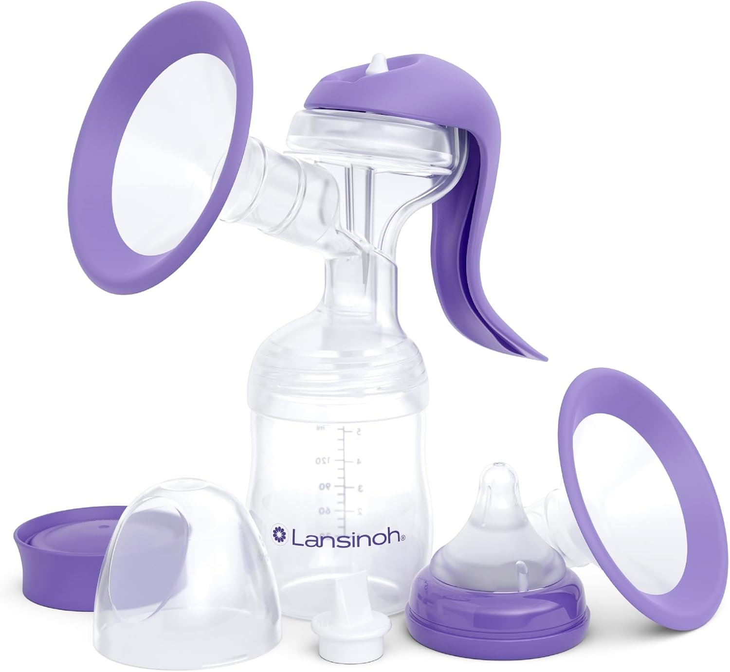 Lansinoh Manual Breast Pump, Breast Feeding Hand Pump with Comfortable Flange, Includes 5oz Baby Bottle with Slow Flow Nipple, Breastfeeding Essentials