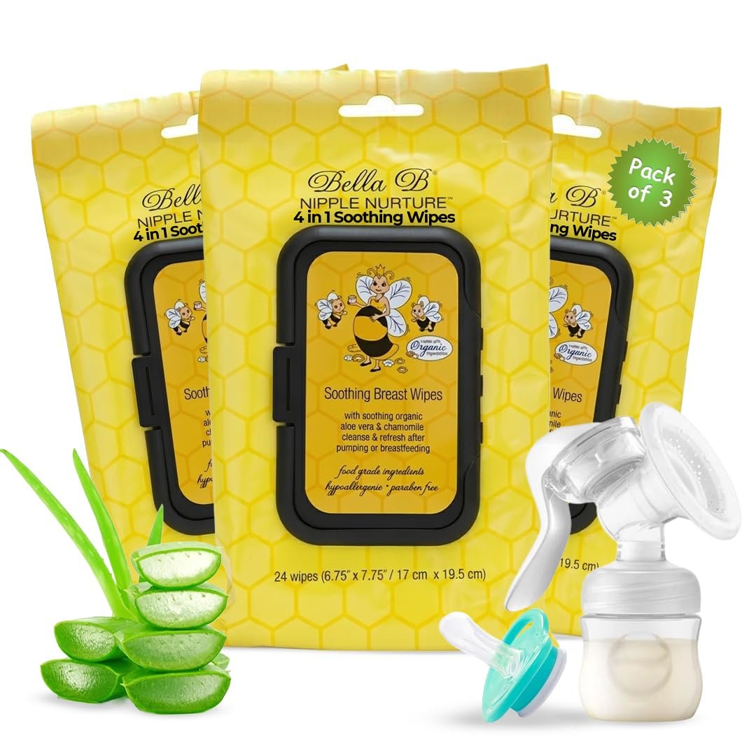 BELLA B Nipple Nurture Breast Pump Wipes Quick Clean | 3 Packs Hypoallergenic & Paraben Free Soothing Wipes for Breast Pump Parts & Pacifiers | Made with Organic Aloe Vera & Chamomile |Travel-Friendly