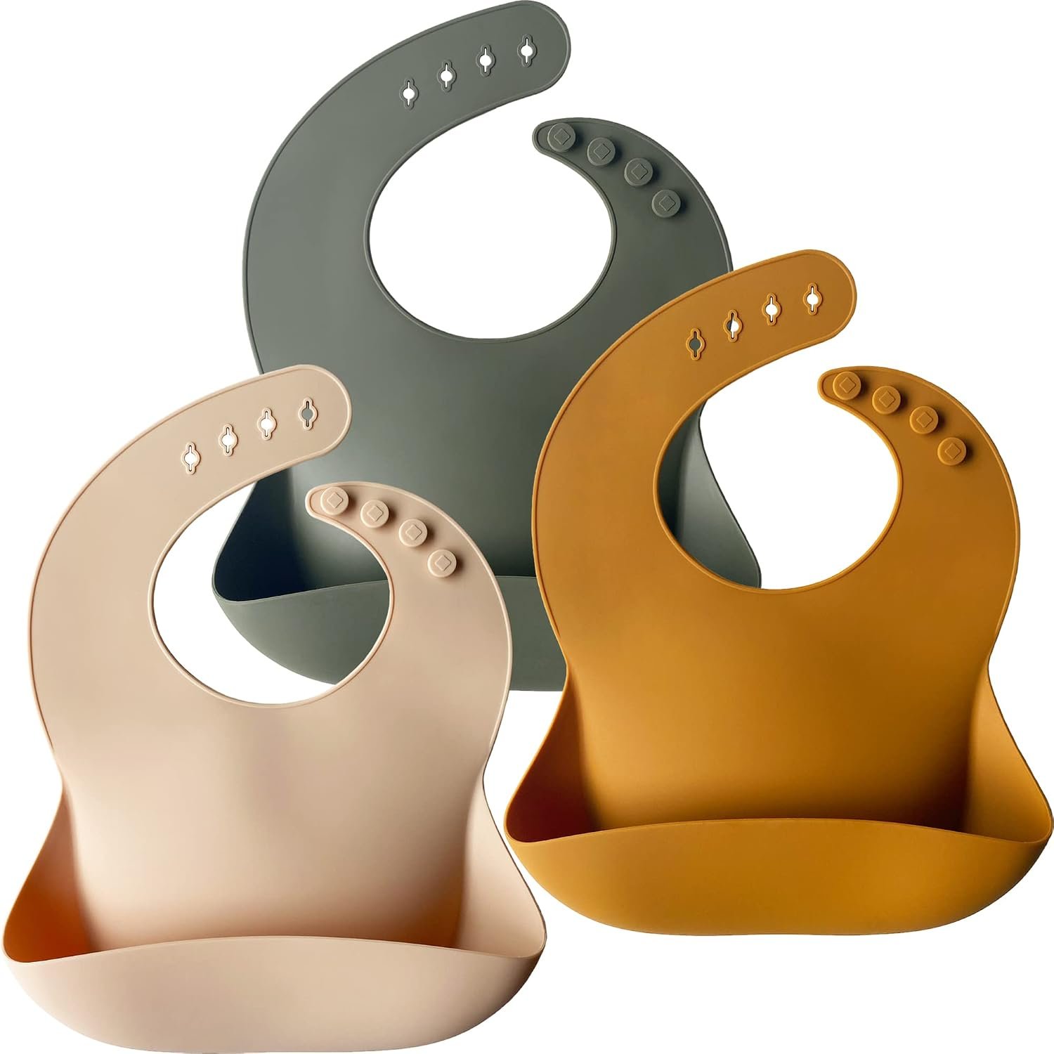 Moonkie Silicone Baby Bibs Set of 3, BPA Free Waterproof Baby Bibs for Eating, Soft Adjustable Silicone Bibs for Babies 6-12 Months, Toddler Bibs with Pocket Food Catcher (Cream/Buck/Olive Green)