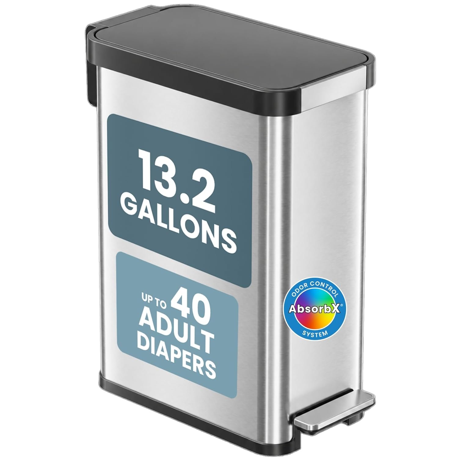 Patented 13 Gallon STEP Adult Diaper Pail, Fits Kitchen Bags, Odor Filter Trash Can Large 40+ Diapers Capacity, No Refills Needed, Incontinence Underwear Nursery Diapers ADA Compliant, Stainless Steel