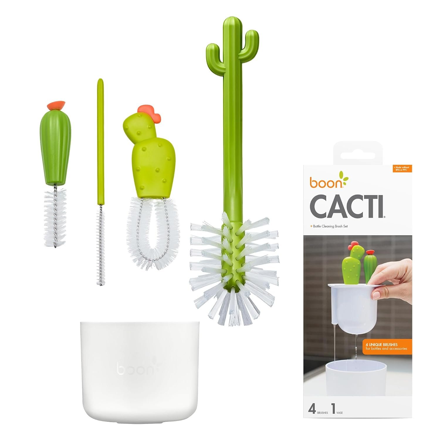 Boon Cacti Bottle Cleaning Brush Set – Includes Bottle Brush, Nipple Brush, Detail Brush, and Straw Brush – Baby Bottle Brush Set for Bottle Drying Rack – Baby Essentials – 4 Count