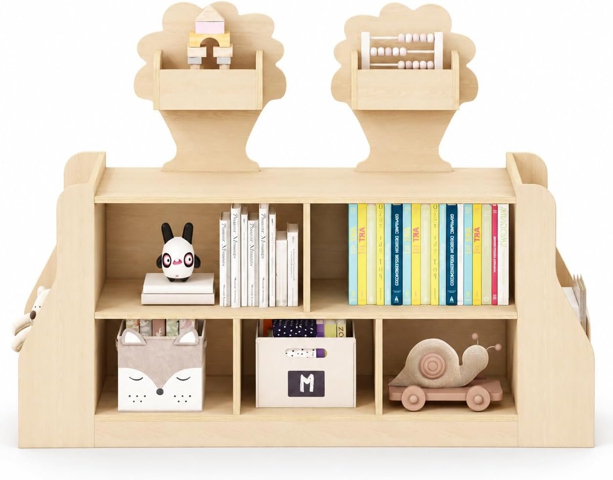 Acenova Montessori Toy Storage Shelf, Wooden Montessori Bookshelf and Toy Storage with 13 Compartments, Tree-Shaped and Side Bin, Book Shelf for Nursery, Playroom, Classroom