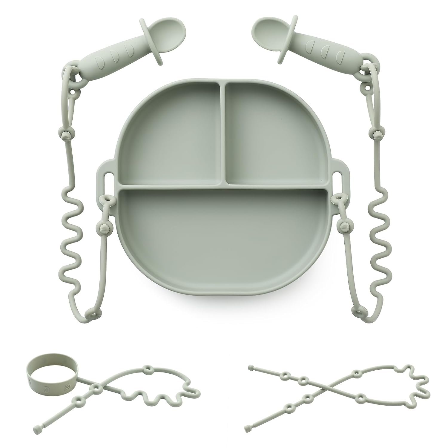 Andy Bear Silicone Plates for Babies with Suction Divided Baby Spoons Silicone Baby Toy Straps All-in-one Plates Silicone Placemat for Babies Toddlers Attachable Tethers & Built-in Suction Cups-Sage