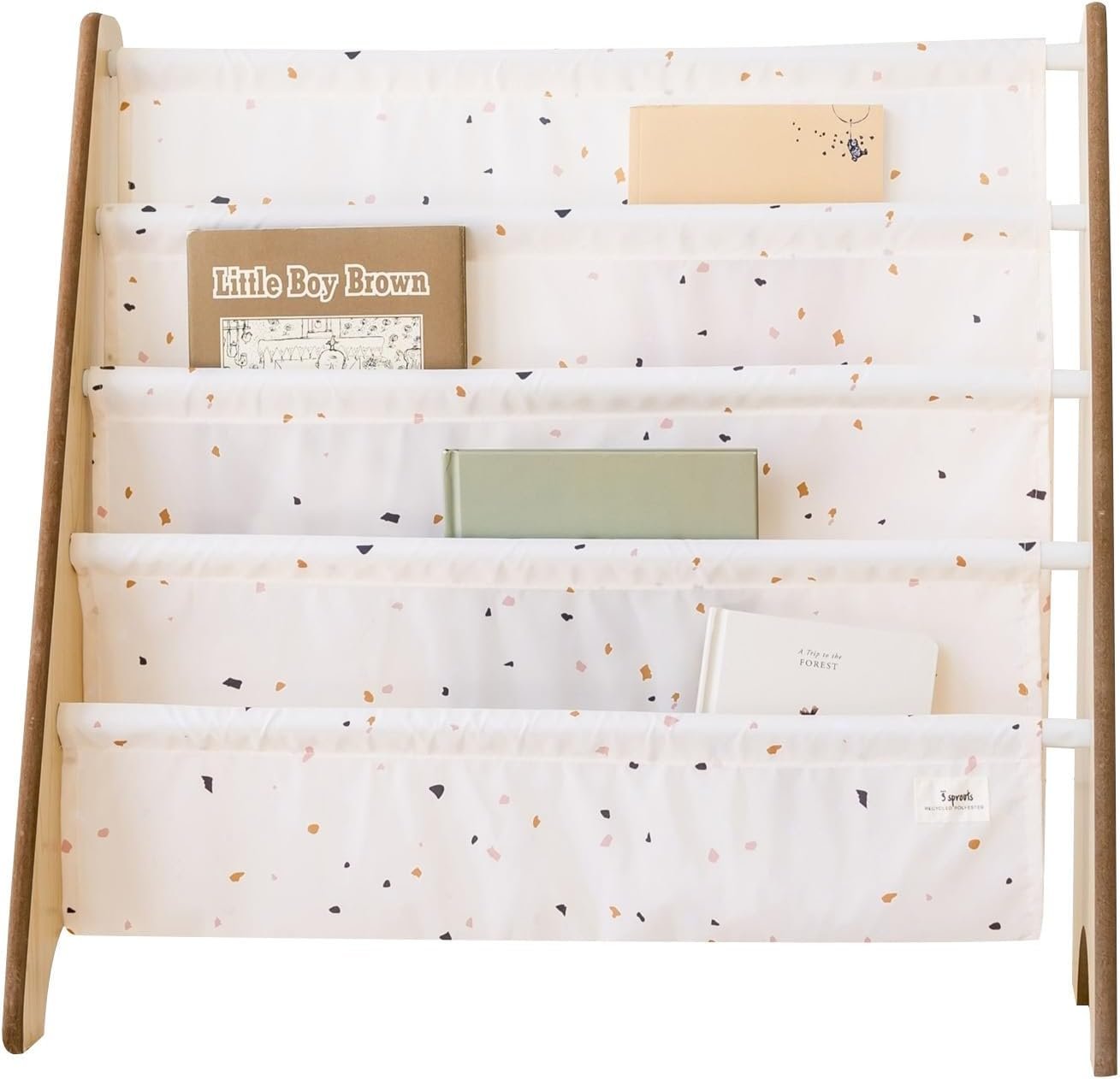 3 Sprouts Kids Bookshelf with Recycled Fabric – 4-Tier Sling Storage for Kids Rooms Holds 35 Titles – Toddler Organizer for Ages 3+ – Terrazzo Cream