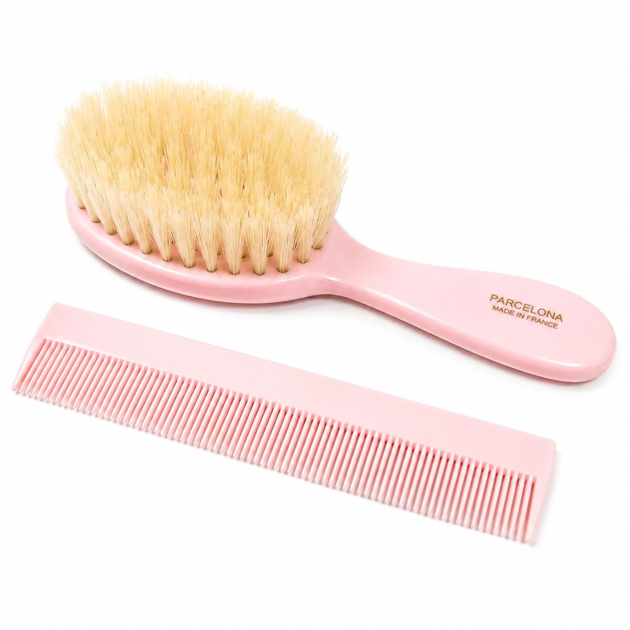 Parcelona French Grooming Combo Light Pink 6″ Celluloid Soft Natural Silk Bristles Baby Brush and Comb for Girls and Toddlers Styling Girls Hair Accessories