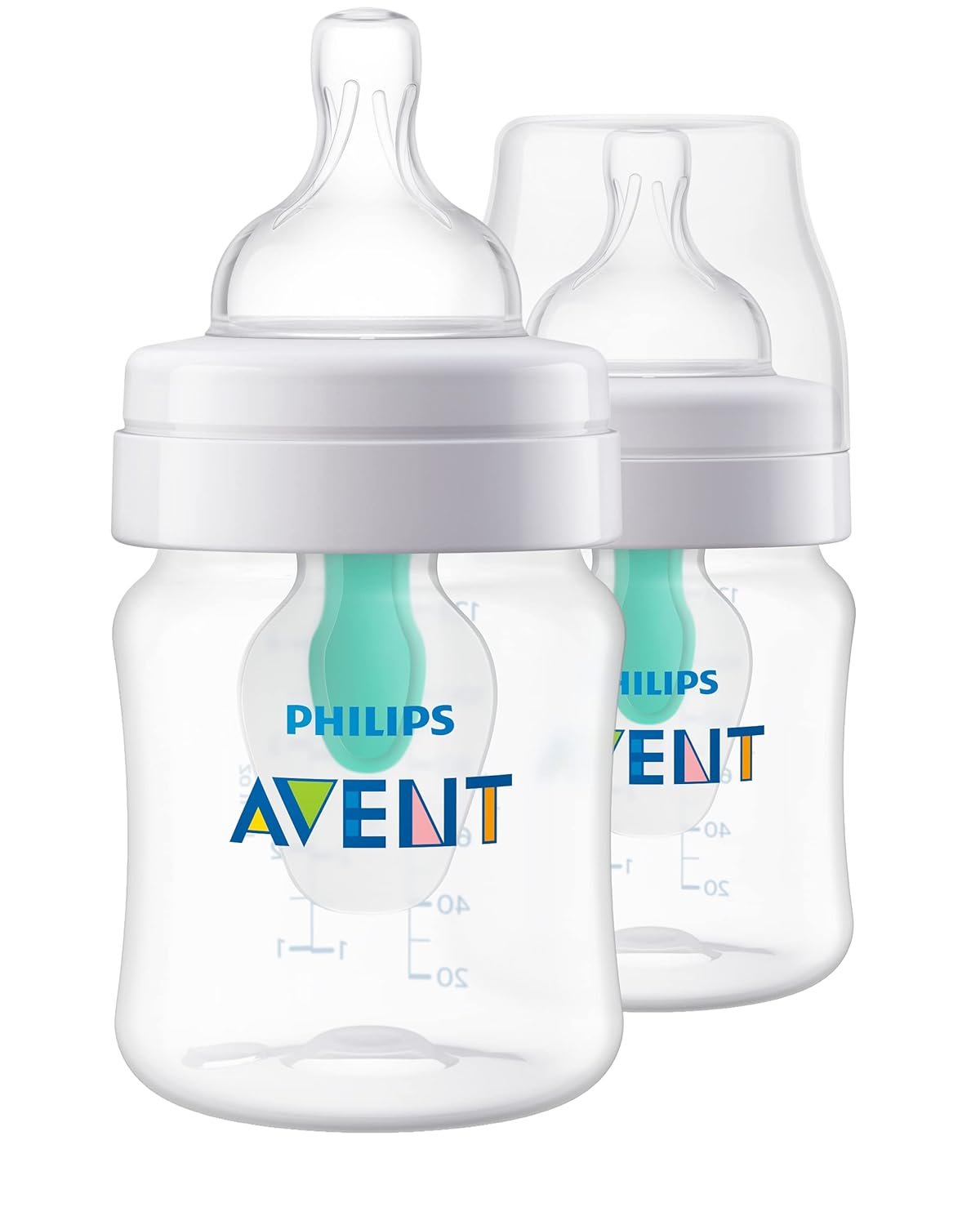 Philips Avent Anti-Colic Baby Bottle with AirFree Vent, Slow Flow 1 Nipple, 0m+, 4oz, 2 Pack, Clear, SCY701/92