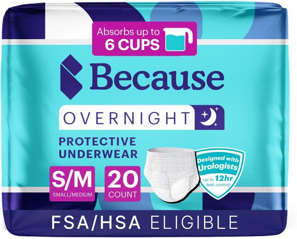 Because Overnight Absorbency Pull Ups – Adult Disposable Incontinence Underwear, Extra Absorbent Nighttime Briefs for Men and Women, White, Small/Medium, 20 Count