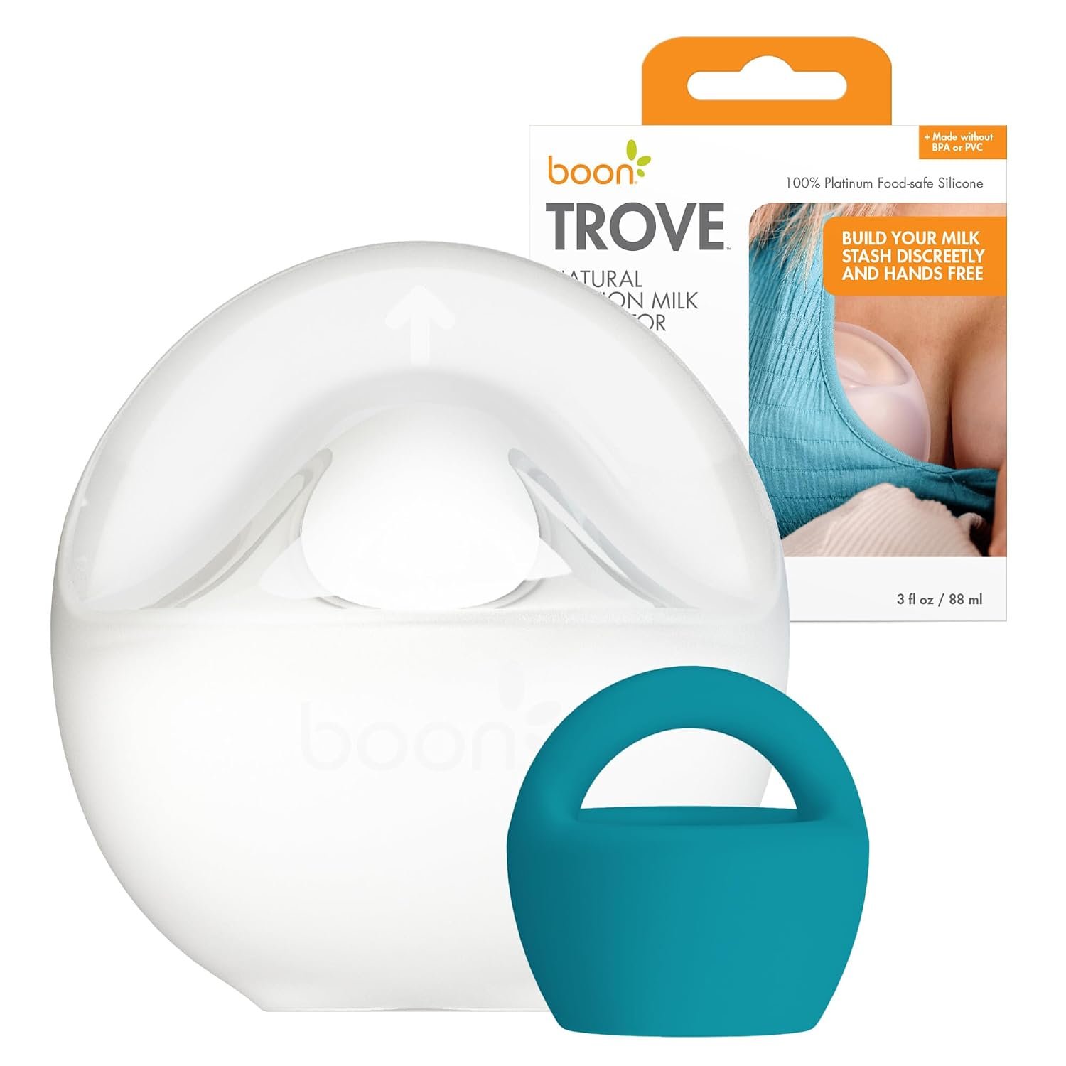 Boon Trove Silicone Manual Breast Pump – Passive Milk Collector with Plug – Hands Free Pumping for Nursing – Breastfeeding Essentials – Teal Plug – 1 Count