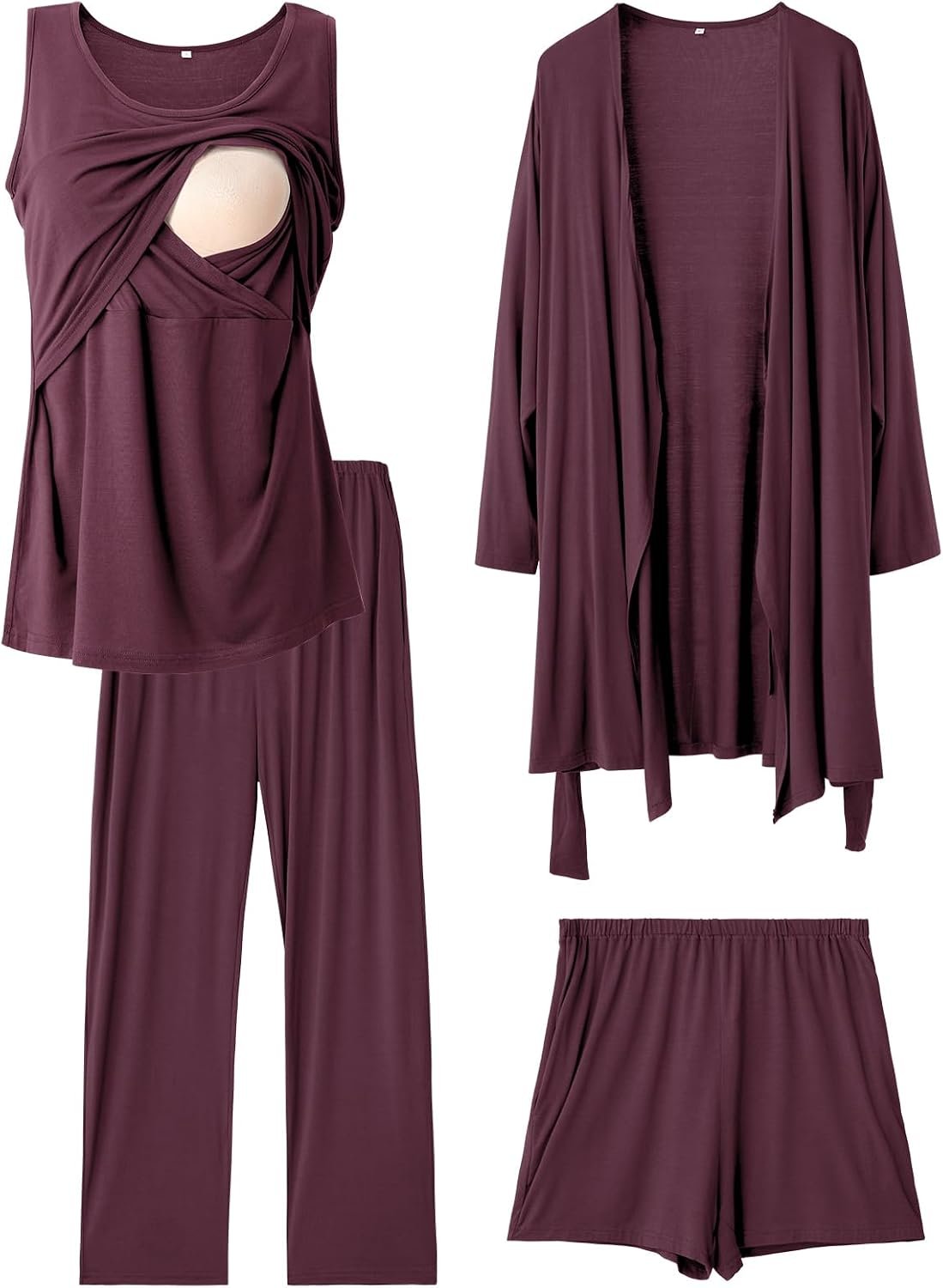Rnxrbb 4 PCS Year-Round Nursing Pajamas Robe Set Postpartum Pajama Gown Breastfeeding Pj for Hospital Labor Delivery Clothes