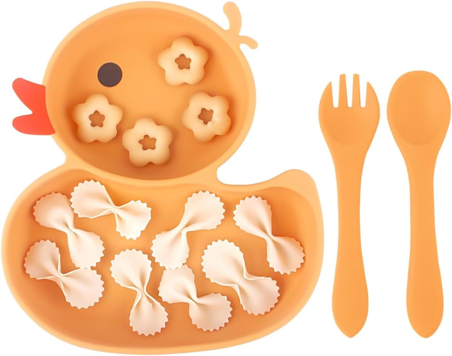Qshare Powerful Suction Plates for Baby and Toddler,Baby Divided Plate,Thanksgiving Plates with Fork and Spoon,Duck Baby Plate Non-Slip,BPA Free,Microwave & Dishwasher Safe (Orange)