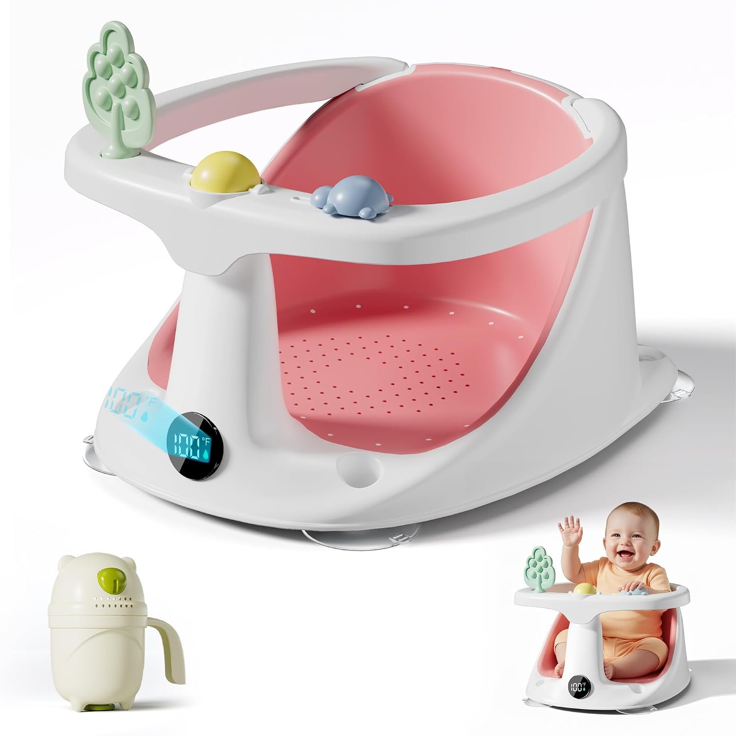 Baby Bath Seat | Bath Seats for Babies Sitting Up with Rinse Cup,Bath Seats for Babies 6 Months & Up,Non-Slip, Infant Bath Essentials,Pink