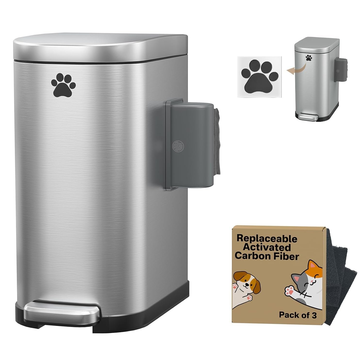 Dog Poop Trash Can Outside with Odor Control Lid & Step Pedal, 3.2Gal Stainless Steel Outdoor Trash Can, Waterproof Dog Waste Container Station – Includes Carbon Filters & Paw Stickers