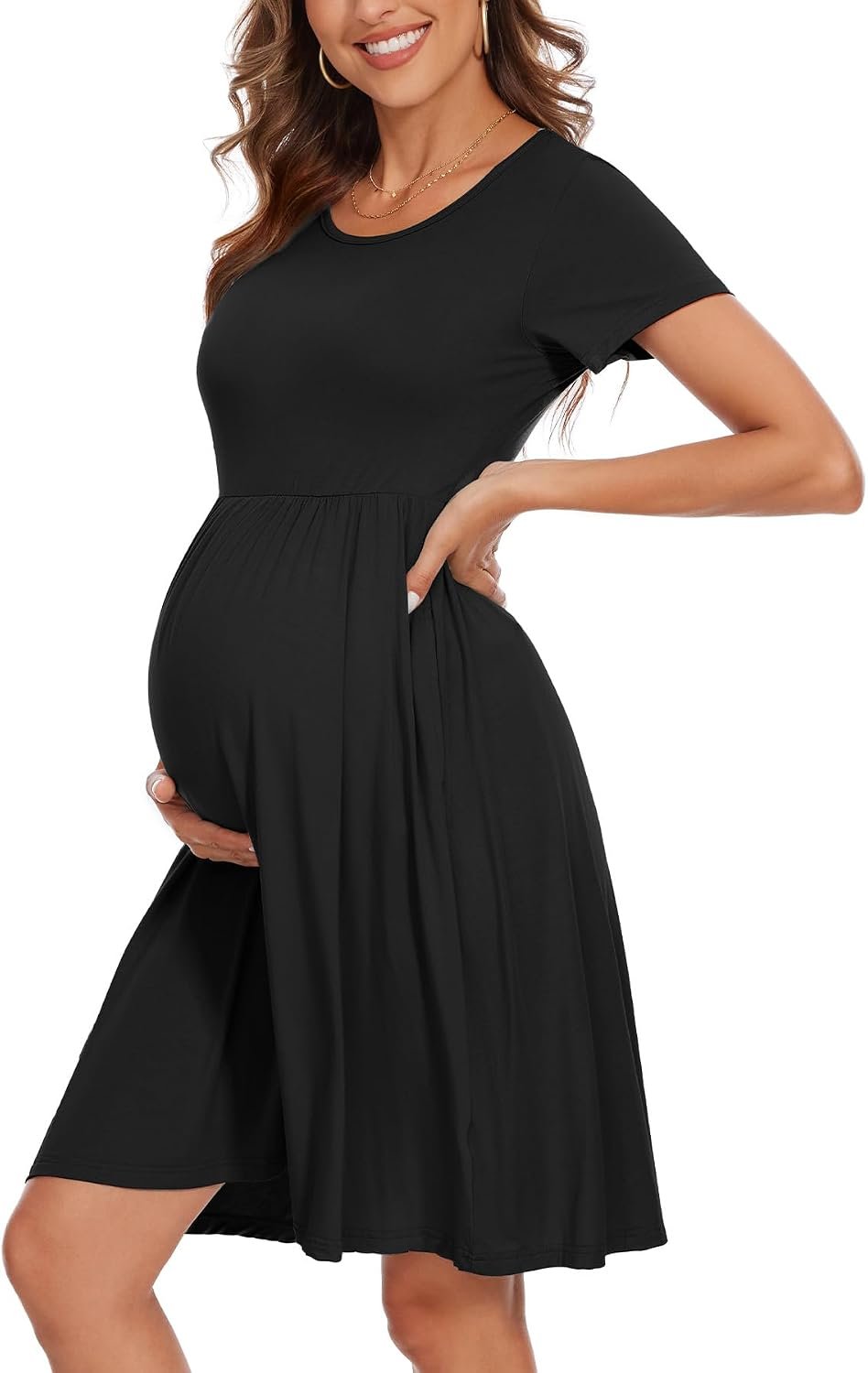 Women’s Short Sleeve Maternity Dress Patchwork Pregnancy Clothes with Pockets