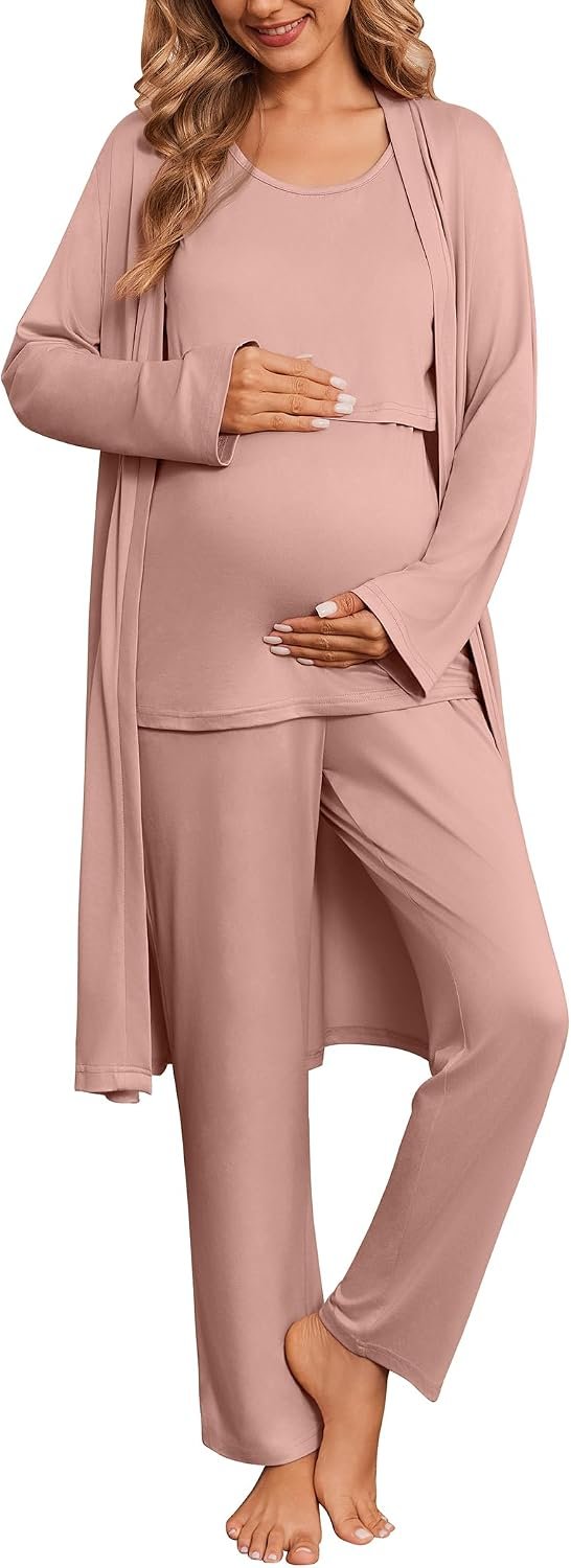 Ekouaer Maternity Sets 3 Pieces Labor and Delivery Gown Postpartum Essentials Nursing Pajamas Breastfeeding