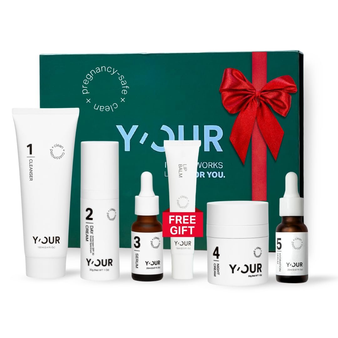 Y’OUR Non-Toxic, Pregnancy-Safe Skincare Set – 5-Step System with Cleanser, Day Cream, Serum, Night Cream & Hydration Serum – Soothing & Rejuvenating – Gentle and Non-Comedogenic.