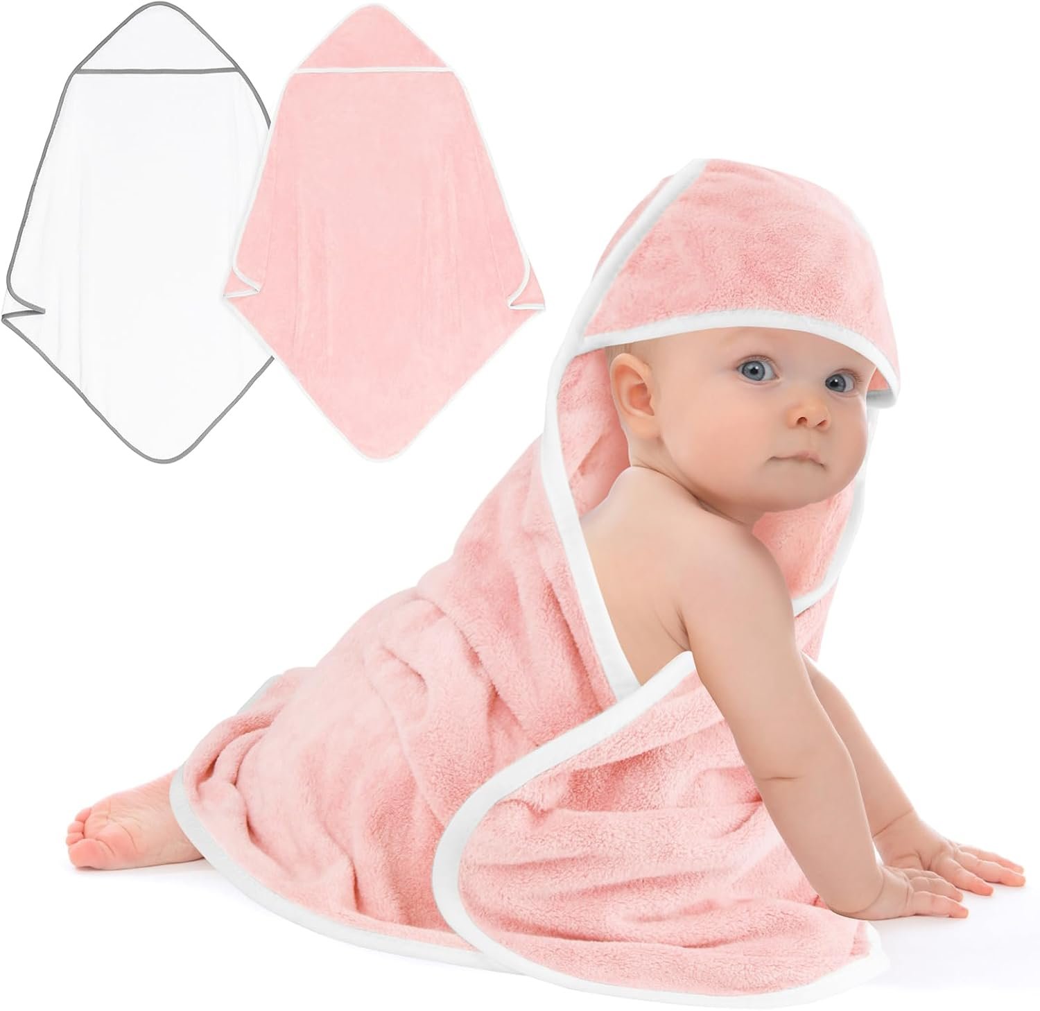 UNIMADE Hooded Towel for Newborn, 2 Pack Soft Coral Fleece Baby Towels, Ultra Absorbent Bath Cloths Bulk for Infants, Toddlers, Newborn Essential- 30 x 30 inch – Pink & White