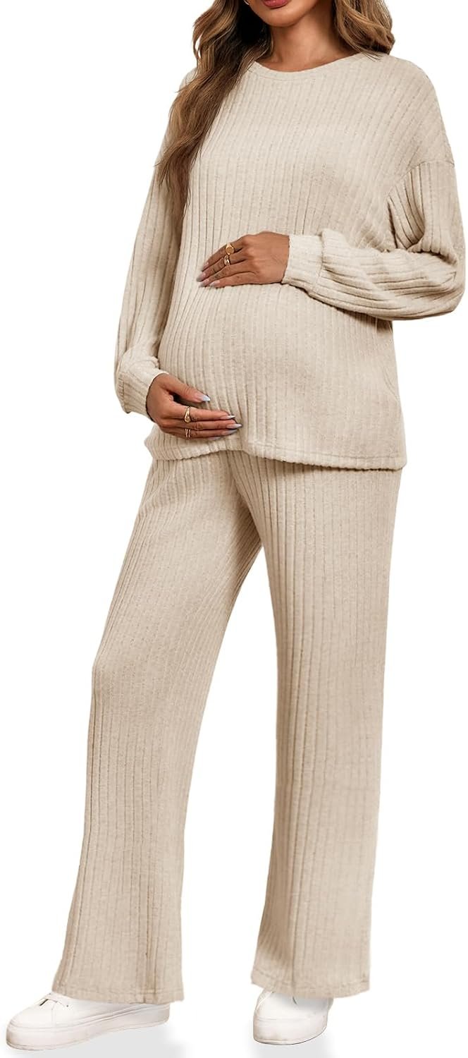 Yousify Womens Maternity Pajamas Sets 2 Piece Outfits Ribbed Knit Long Sleeve Tops Pants Loungewear Mama Clothes