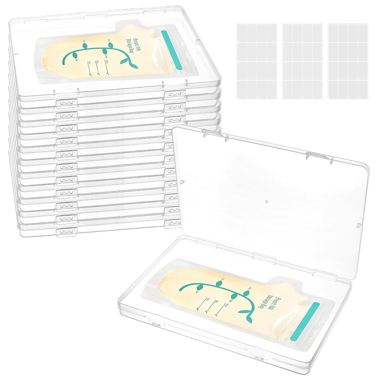12 Pcs Clear Flat Breast Milk Freezer Storage Organizer with 48Pcs Small Labels Space Saving and Reusable Breastmilk Freezer Tray for Breastfeeding Bag Organization, 7.48 x 5.11 x 0.67 Inch