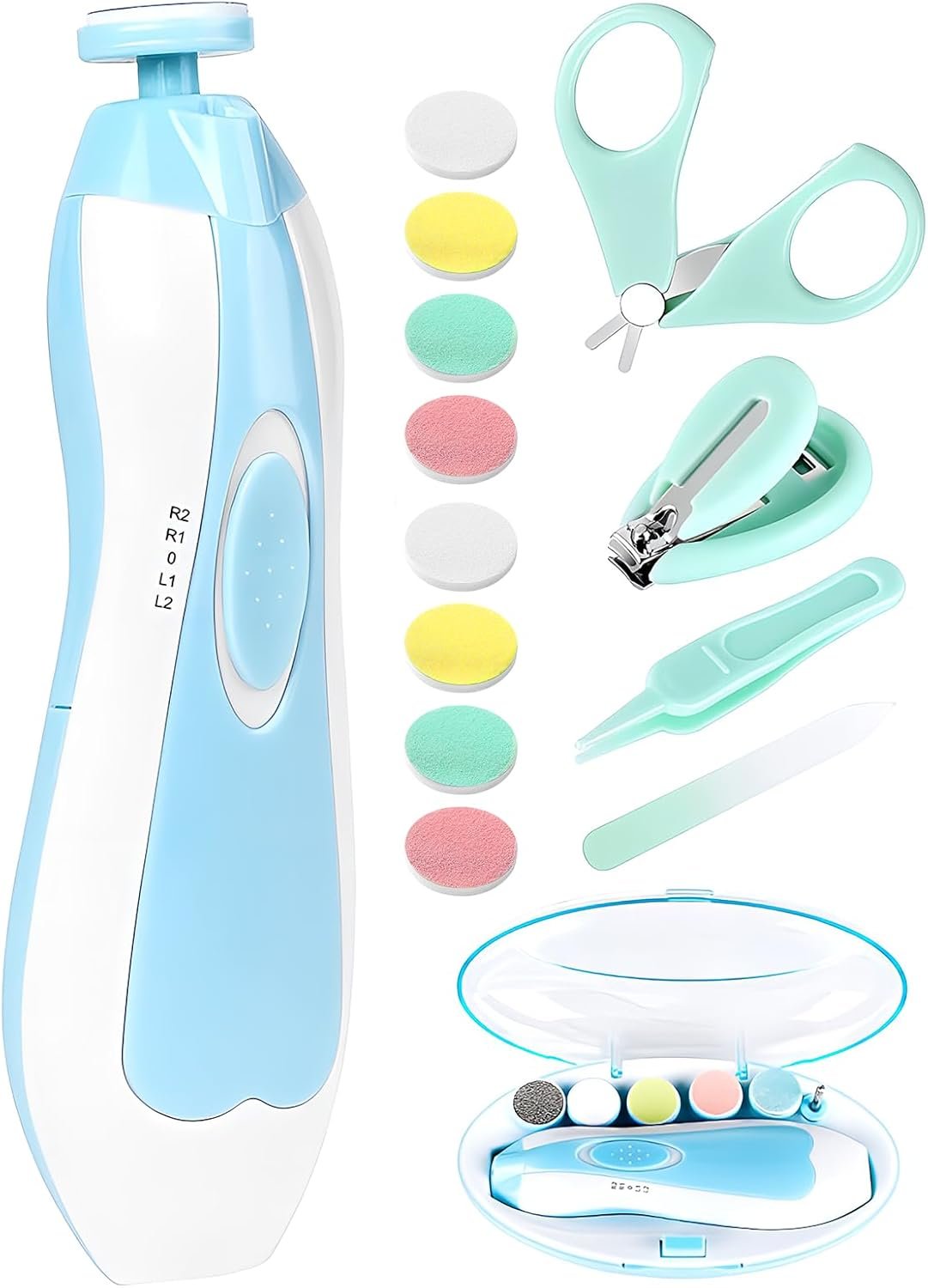Qunlions life Baby Nail Trimmer Electric-19 in 1 Baby Nail Clippers Safe Baby Nail File Kit with Replacement Pads, Nail Clipper, Scissor, Tweezers, and Nail Files