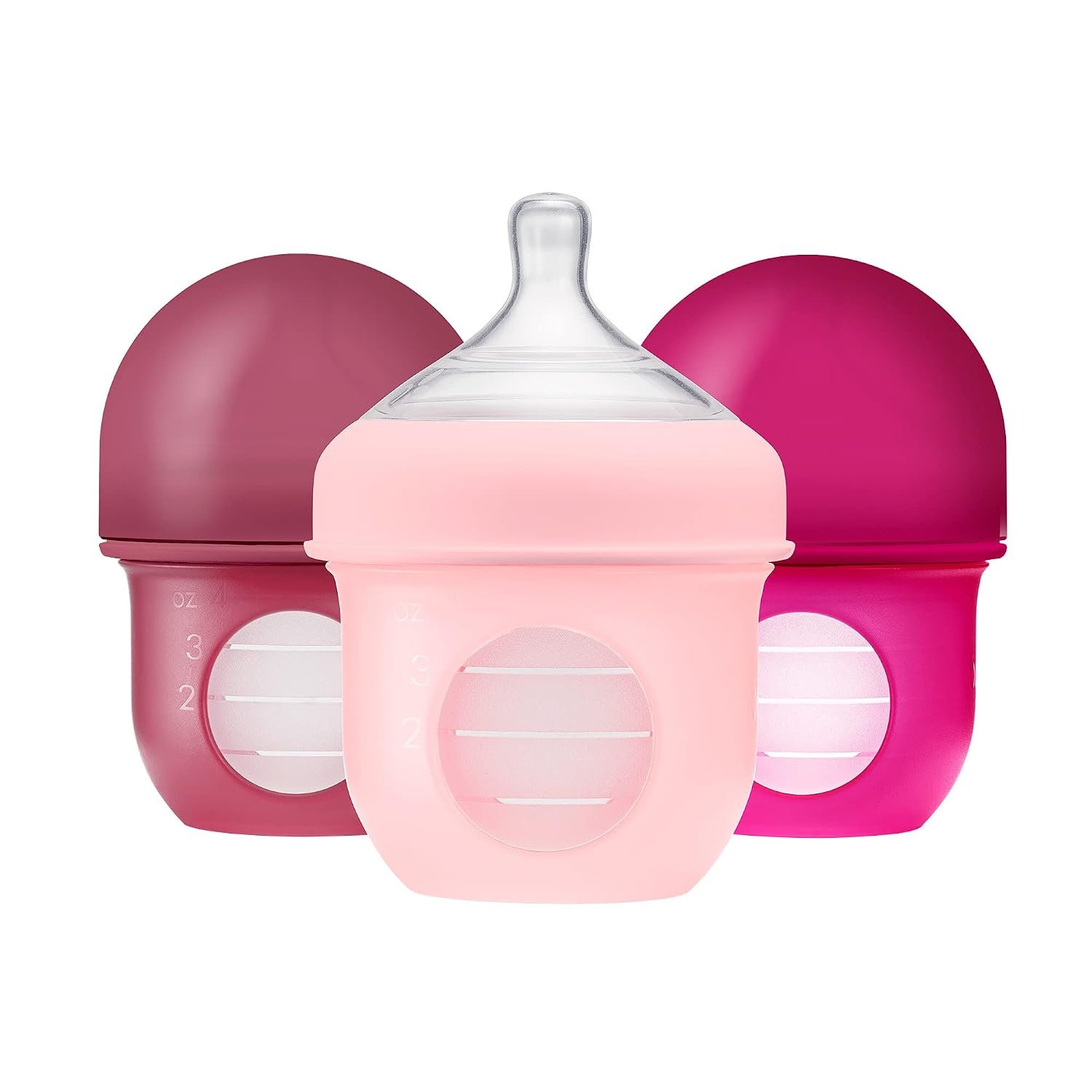 Boon Nursh Bottles – Slow Flow – Silicone Baby Bottles Help Ease Colic Symptoms – Formula and Breast Milk Only Touch Platinum Food-Safe Silicone – Pink – 0-3 Months – 3 Count – 4 Ounce