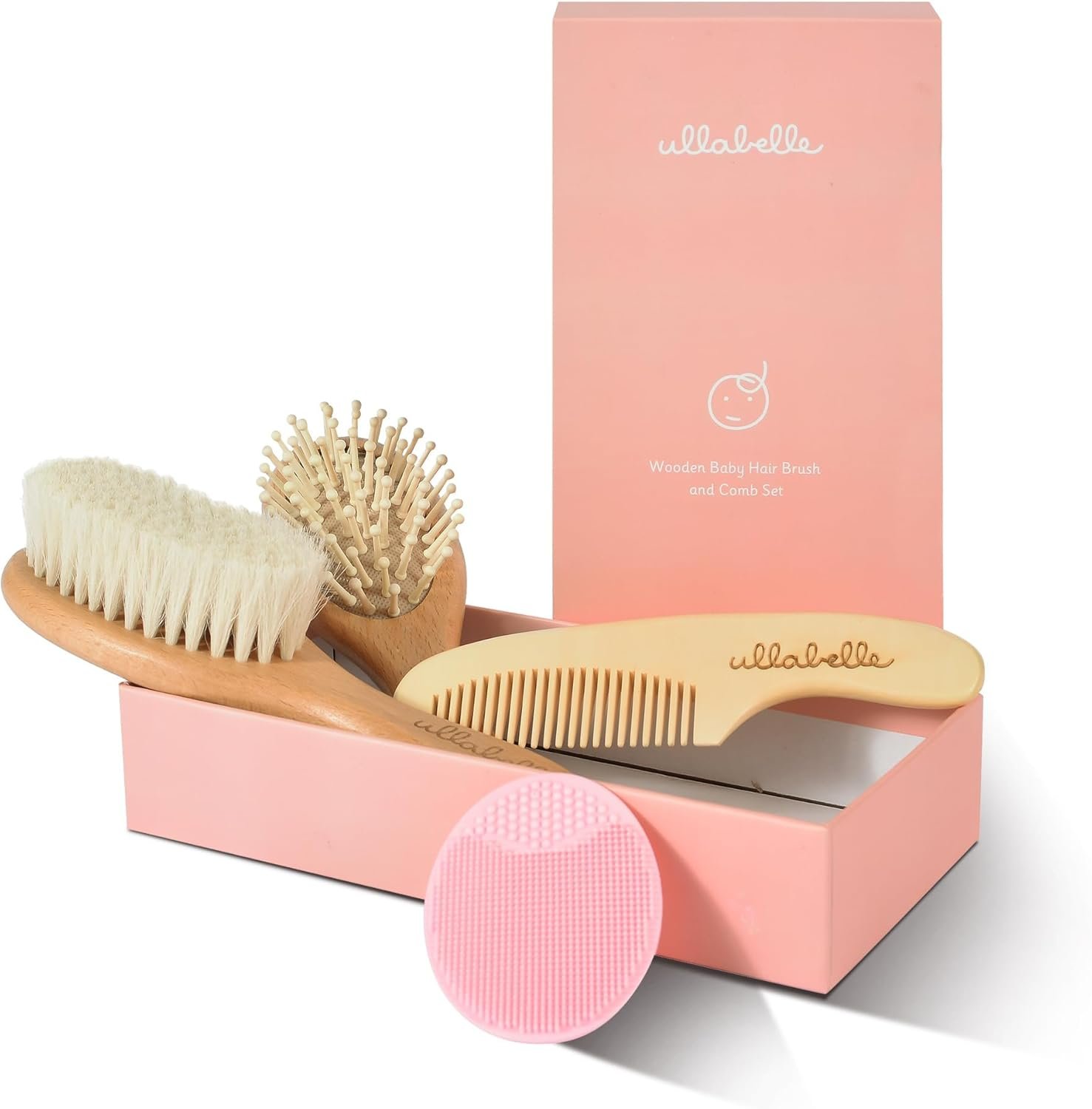 Ullabelle 4 Piece Wooden Baby Hair Brush and Comb Set for Newborns & Toddlers in Chic Gift Box – Ultra Soft Natural Goat Hair and Wood Baby Brush Set Prevents Cradle Cap – Perfect Registry Gift (Pink)